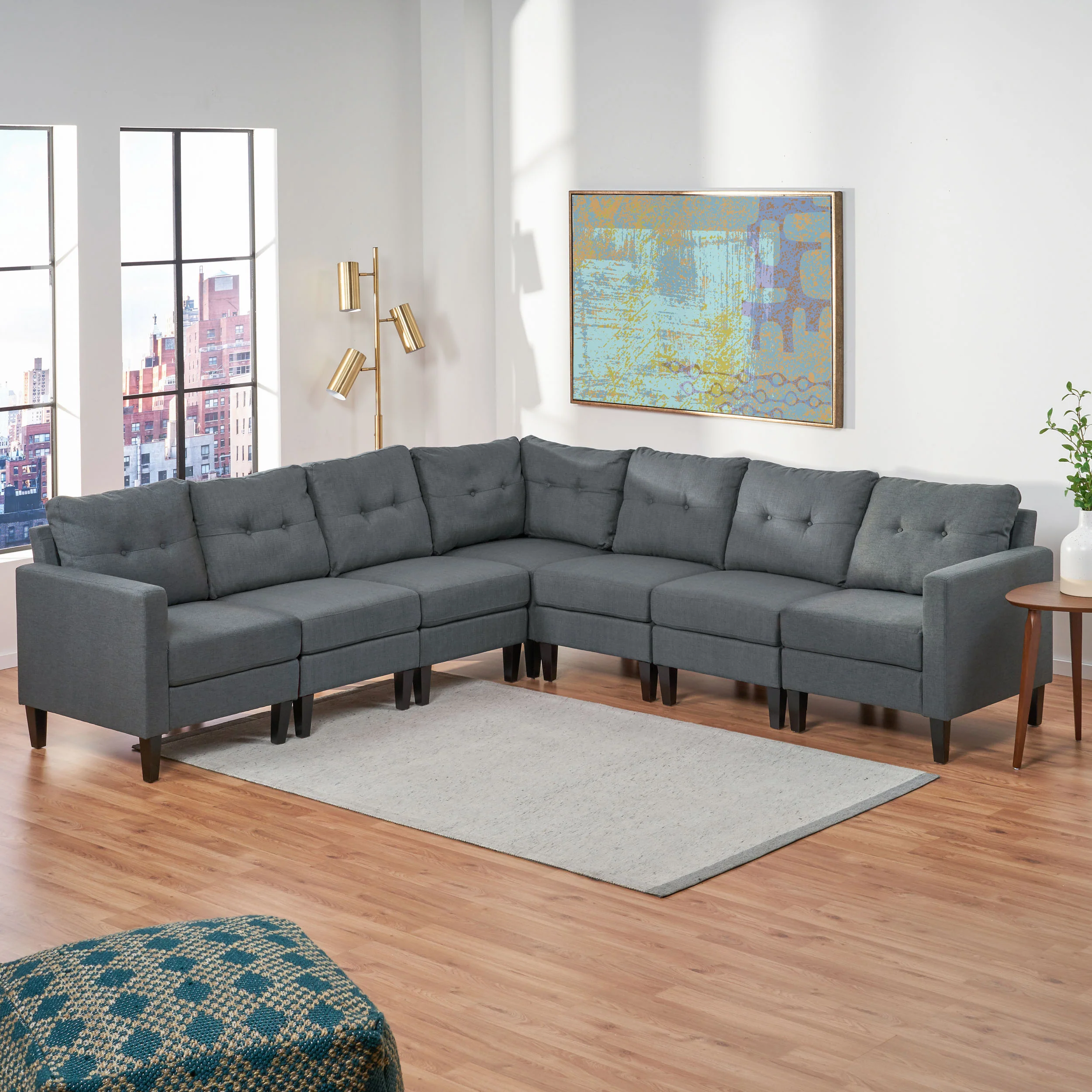 Niya Mid Century Modern 7 Piece Fabric Extended Sectional Sofa - furnishings
