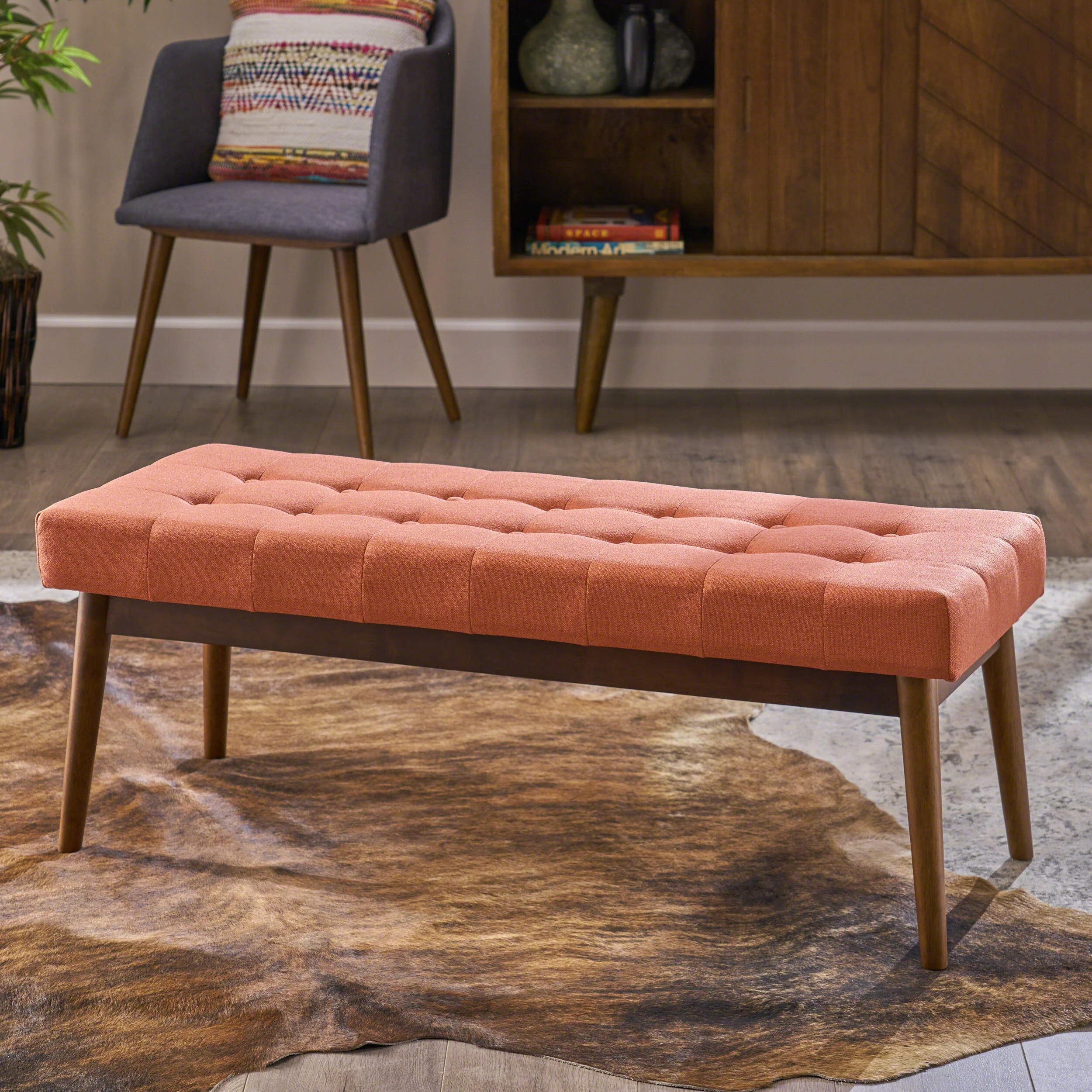 Flora Mid-Century Button Tufted Fabric Ottoman Bench with Tapered Legs - furnishings