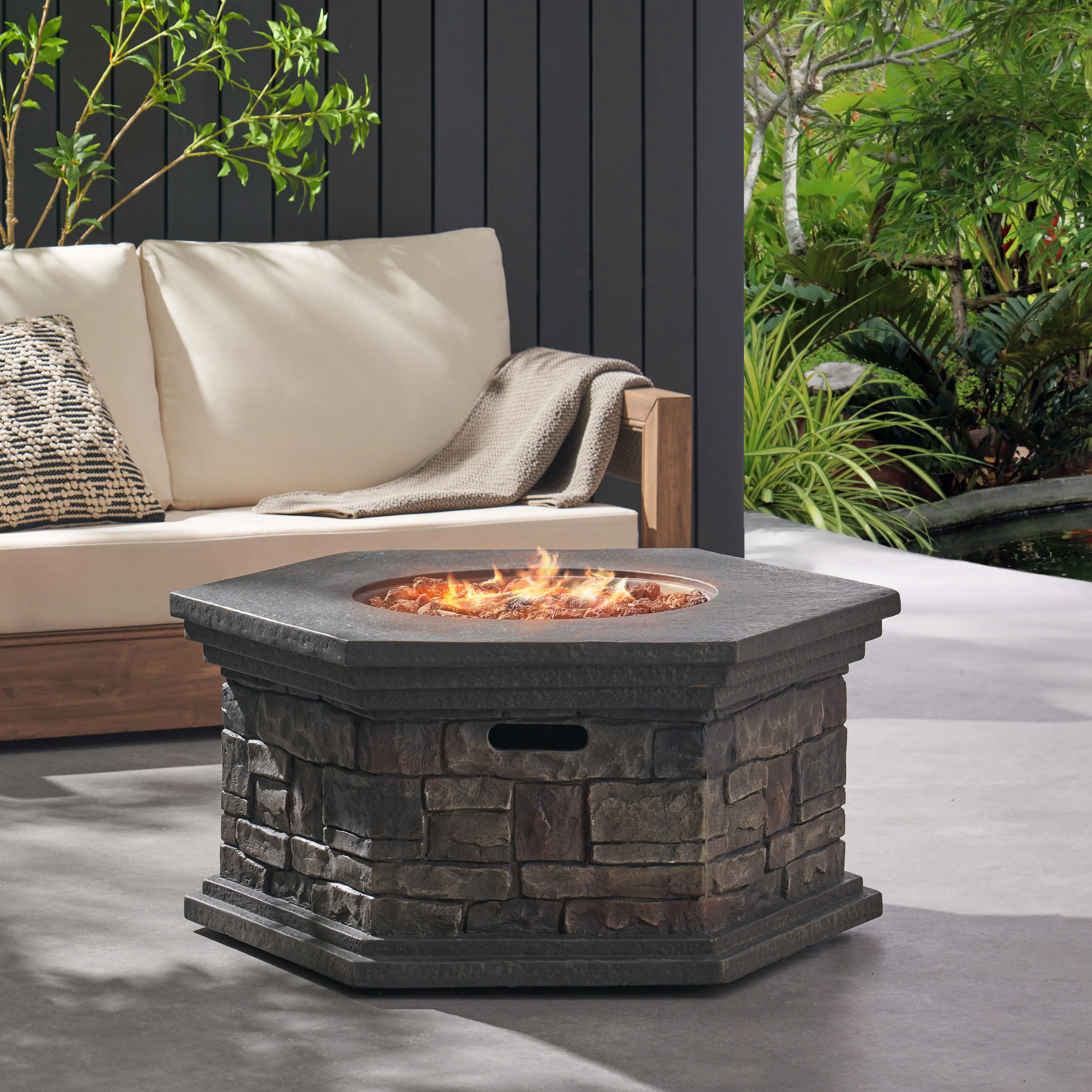 Troy Outdoor 40,000 BTU Lightweight Concrete Octagonal Fire Pit (No Tank Holder), Stone Finish - furnishings
