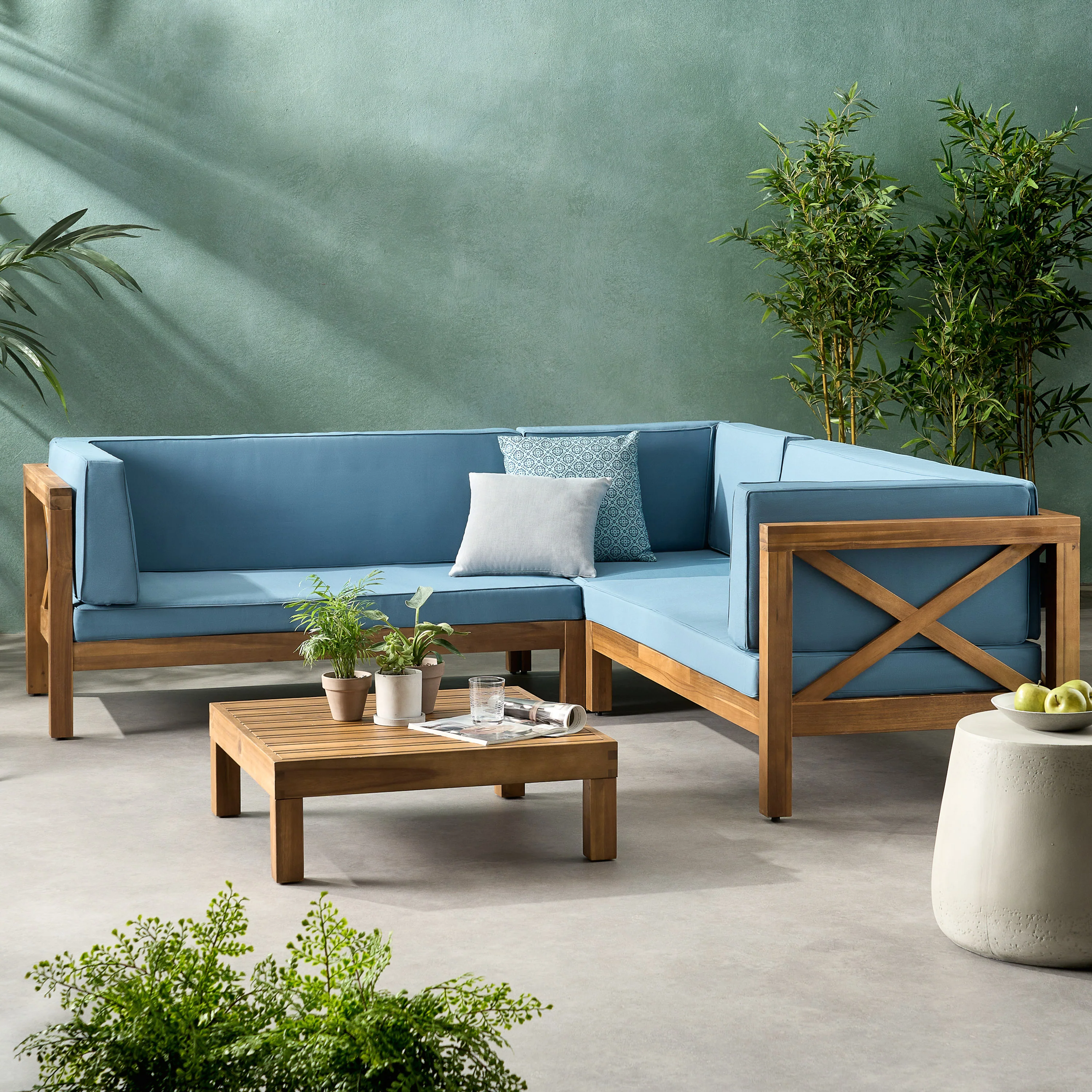 Brava Outdoor 4 Piece V-Shaped Acacia Wood Sectional Sofa and Coffee Table Set - furnishings