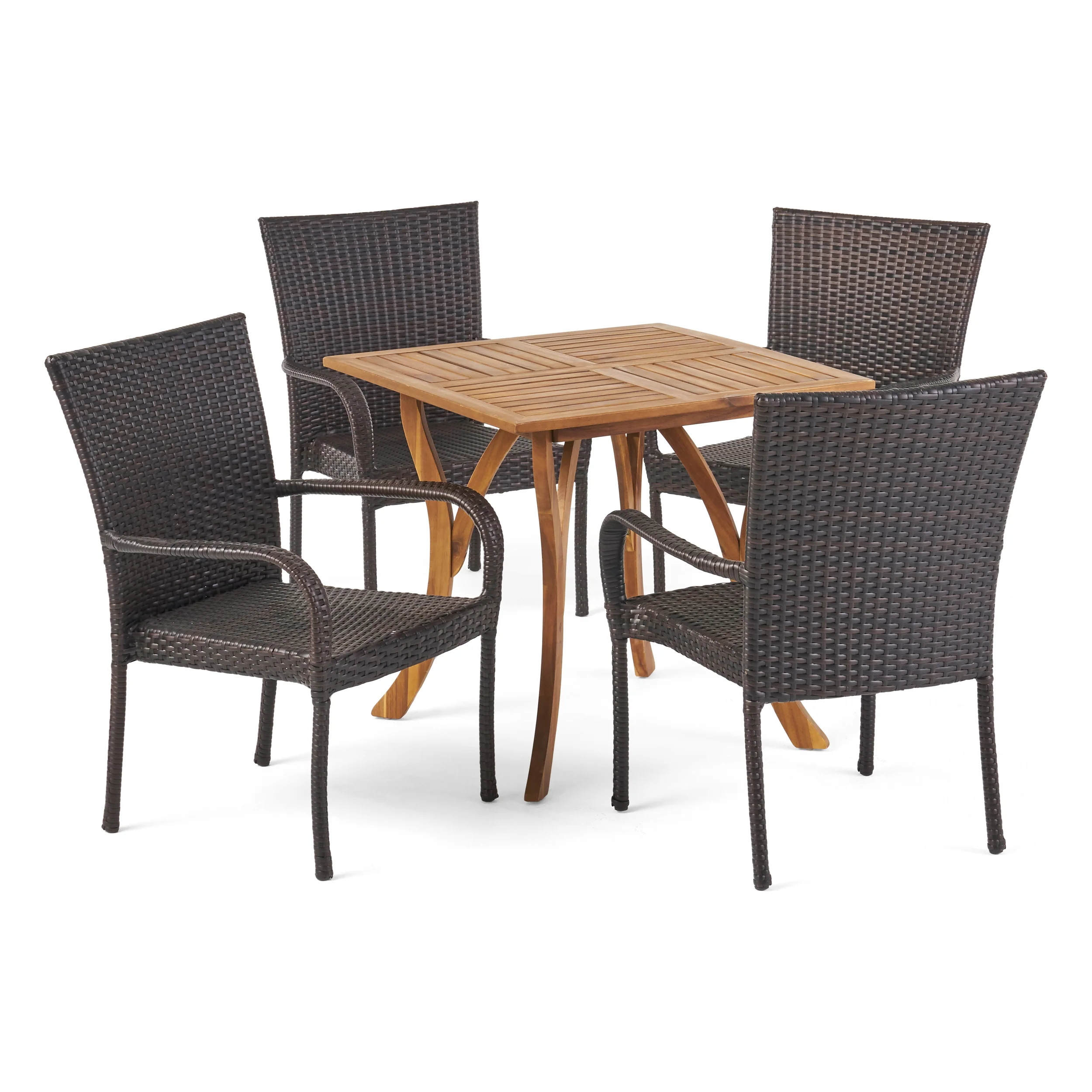 Lebeau Outdoor 5 Piece Acacia Wood/ Wicker Dining Set, Teak Finish and Multibrown - furnishings