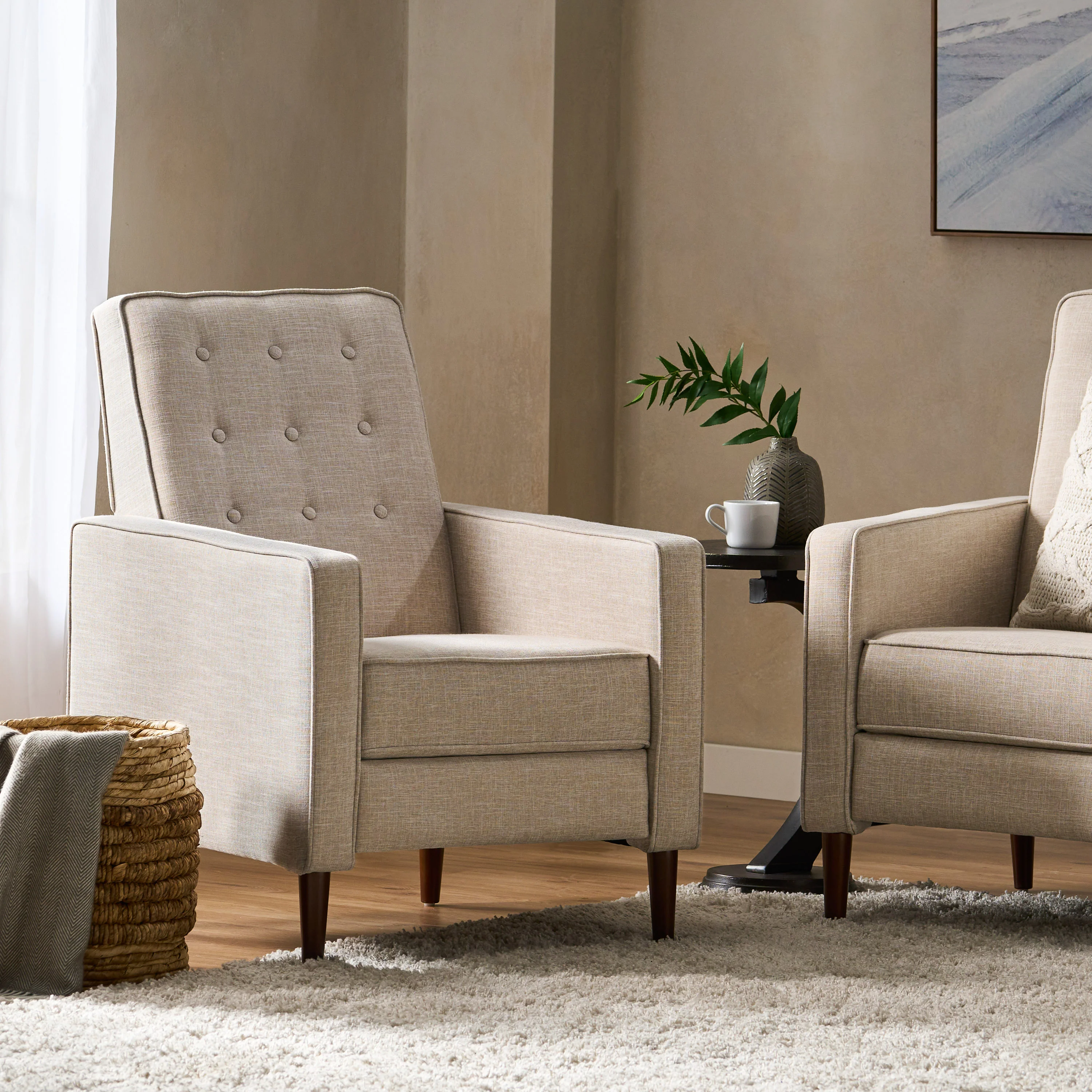 Macedonia Mid Century Modern Tufted Back Fabric Recliner - furnishings