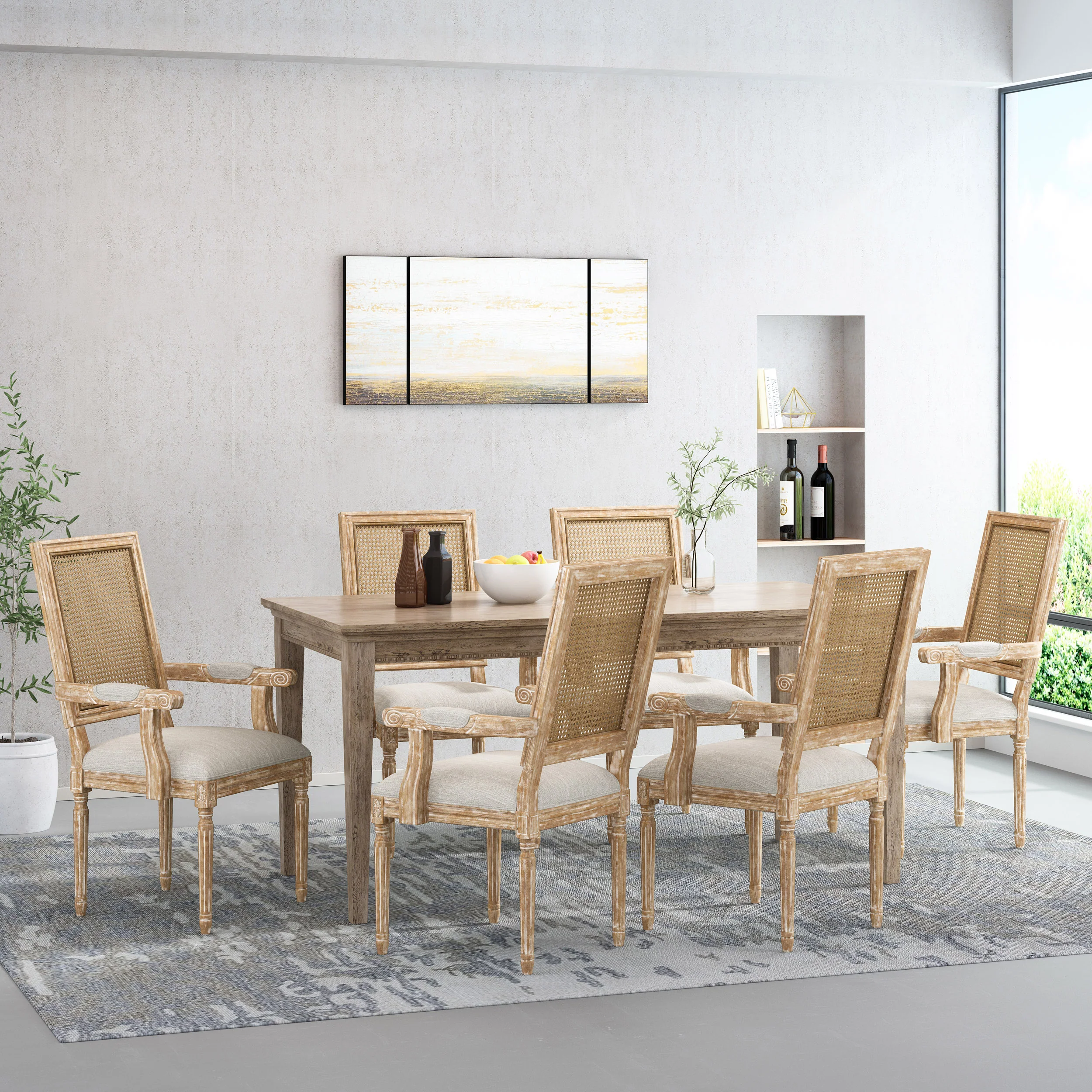 Zentner French Country Upholstered Wood and Cane Upholstered Dining Chairs, Set of 6 - furnishings
