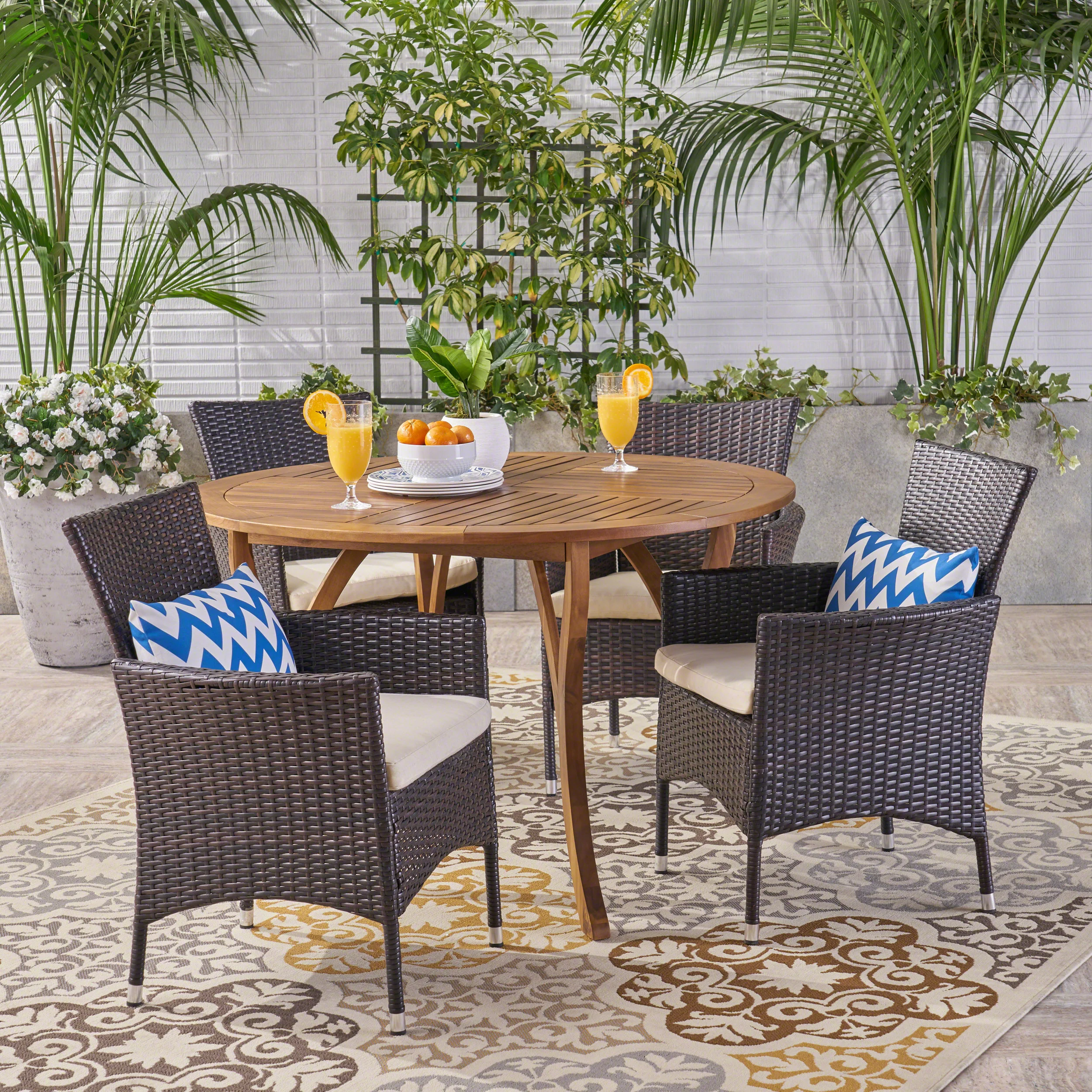 Valena Outdoor 5 Piece Acacia Wood and Wicker Dining Set - furnishings
