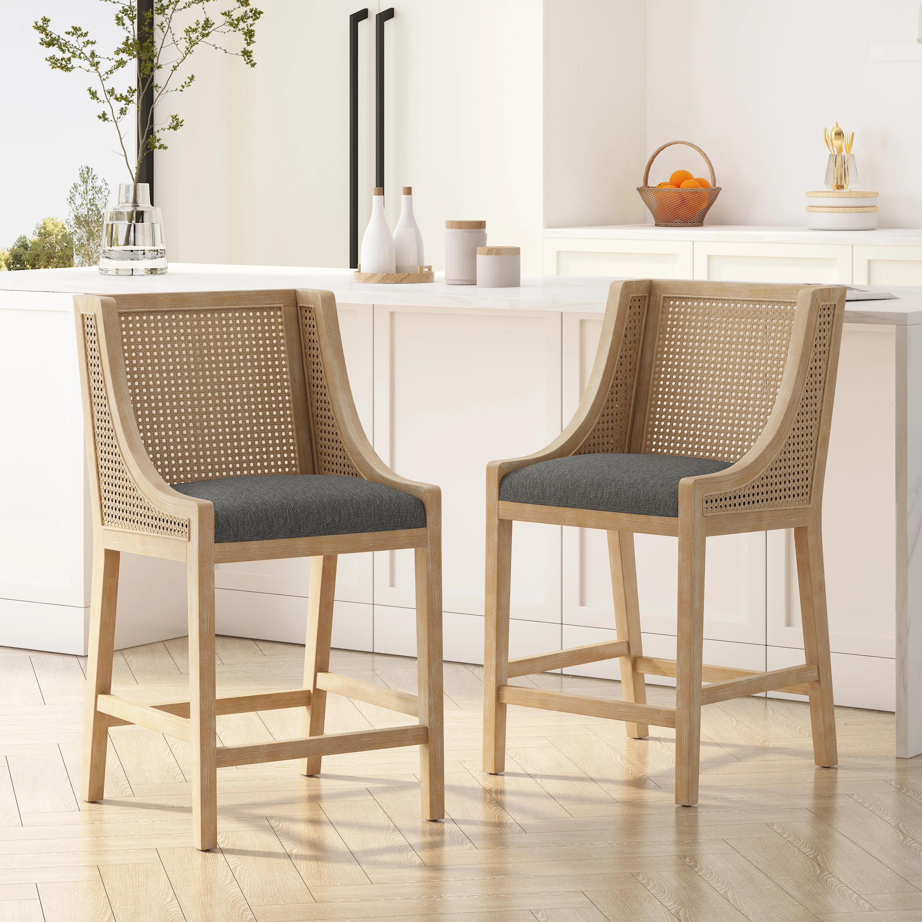 Deville French Country Fabric Upholstered Wood and Cane 25.5 inch Counter Stools (Set of 2) - furnishings