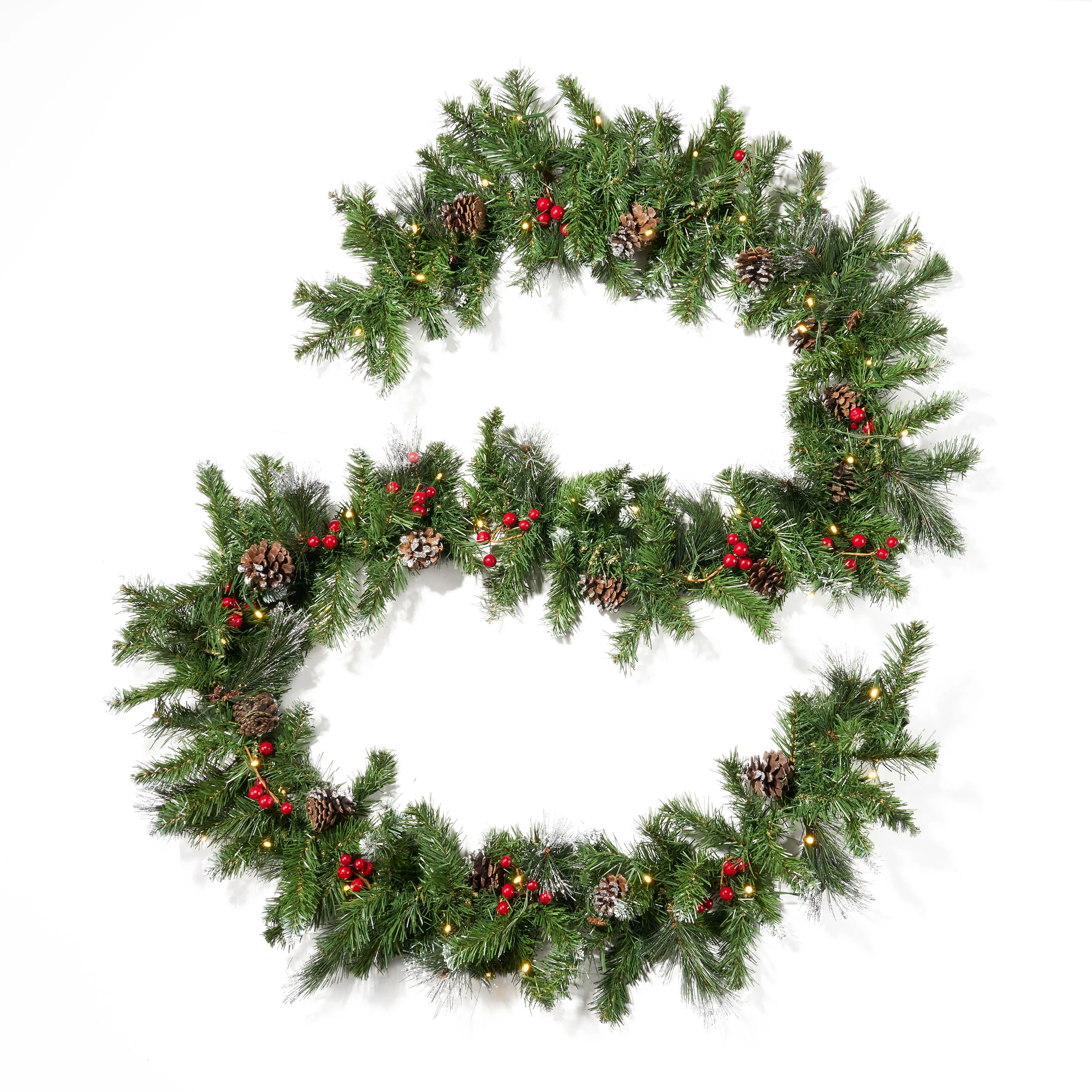 9-foot Mixed Spruce Pre-Lit Warm White LED Artificial Christmas Garland with Glitter Branches, Red Berries and Pinecones - furnishings