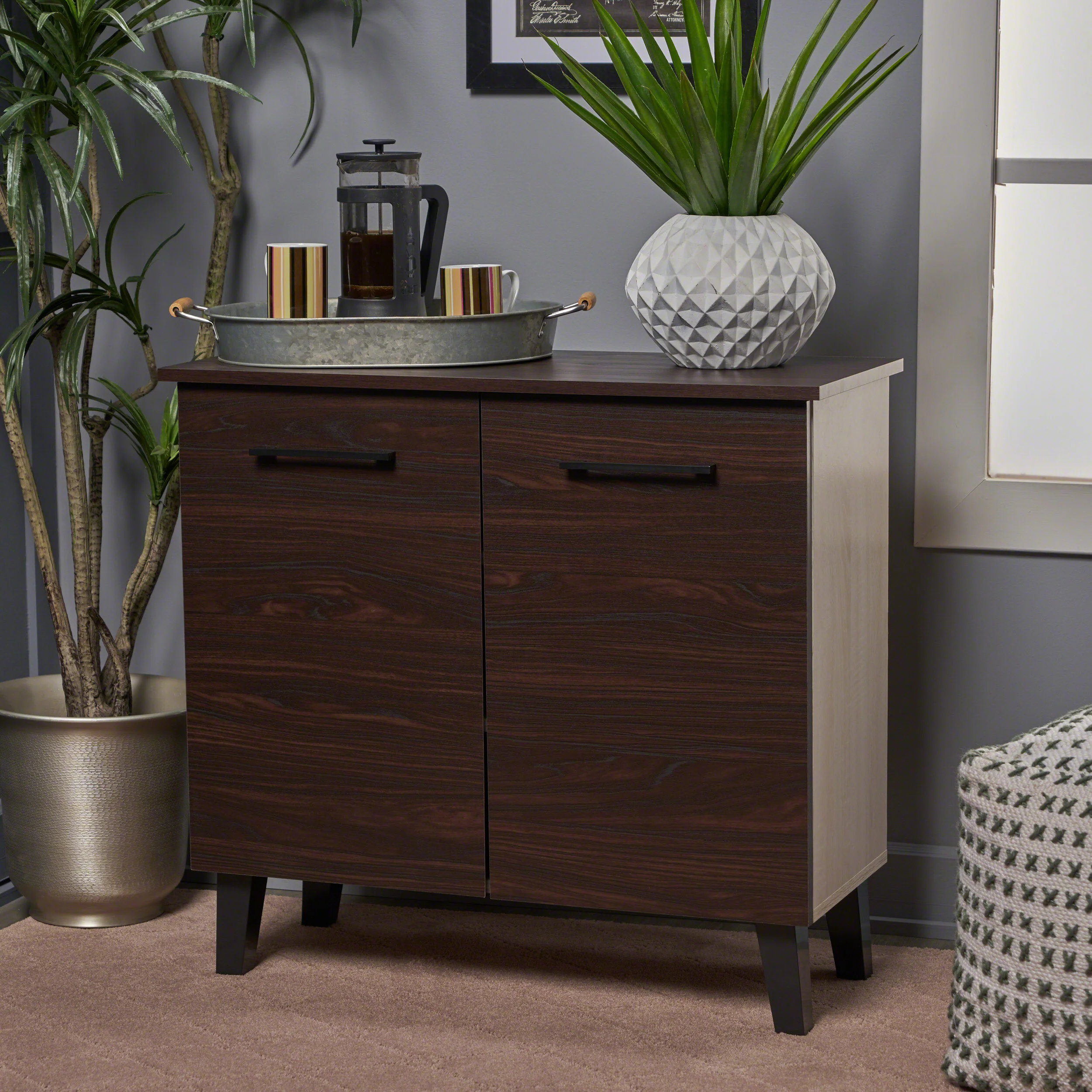 Willson Modern 3-Shelf Walnut Finished Faux Wood Cabinet with Oak Accent - furnishings