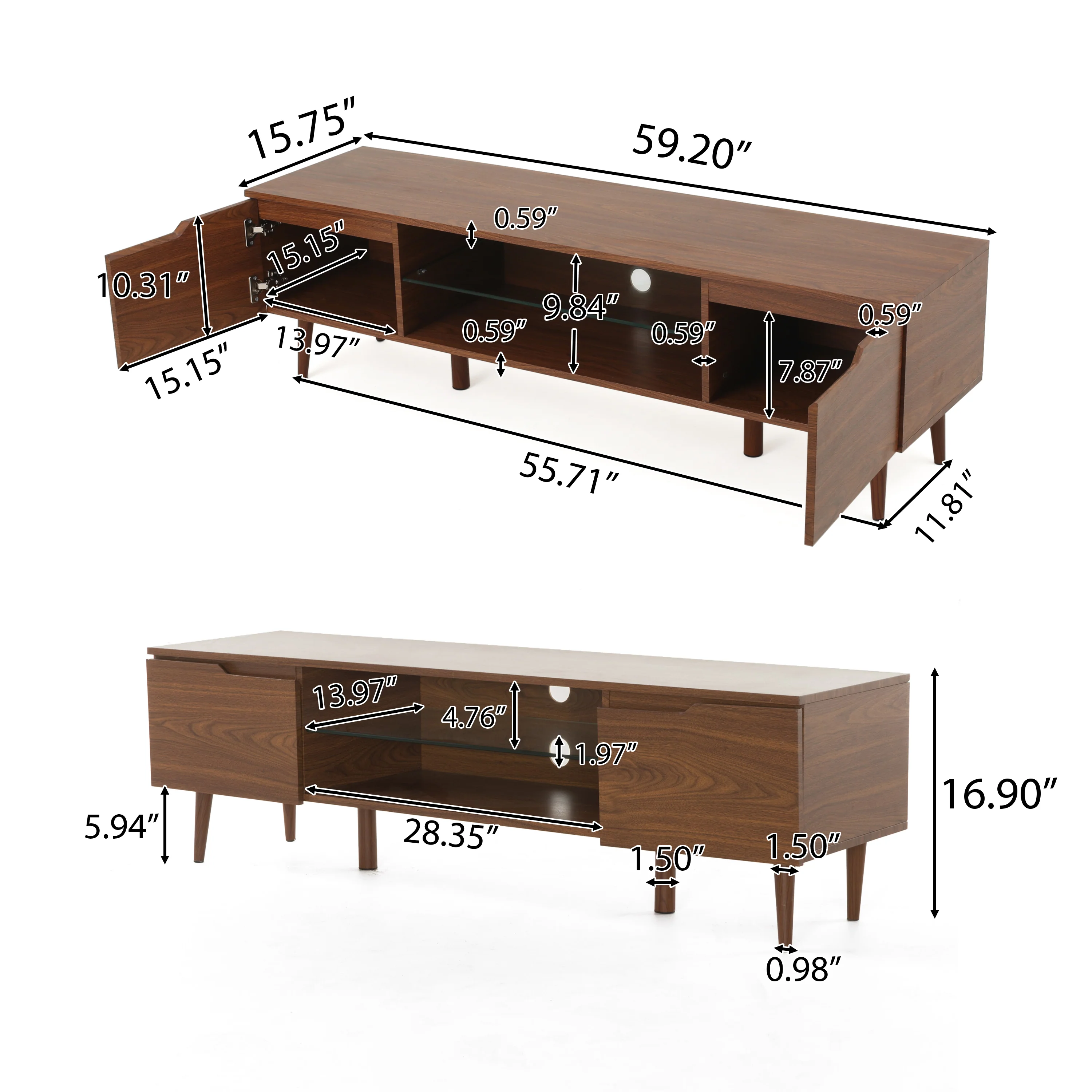 Reginald Mid Century Modern 2 Cabinets & Glass Shelf TV Stand - furnishings