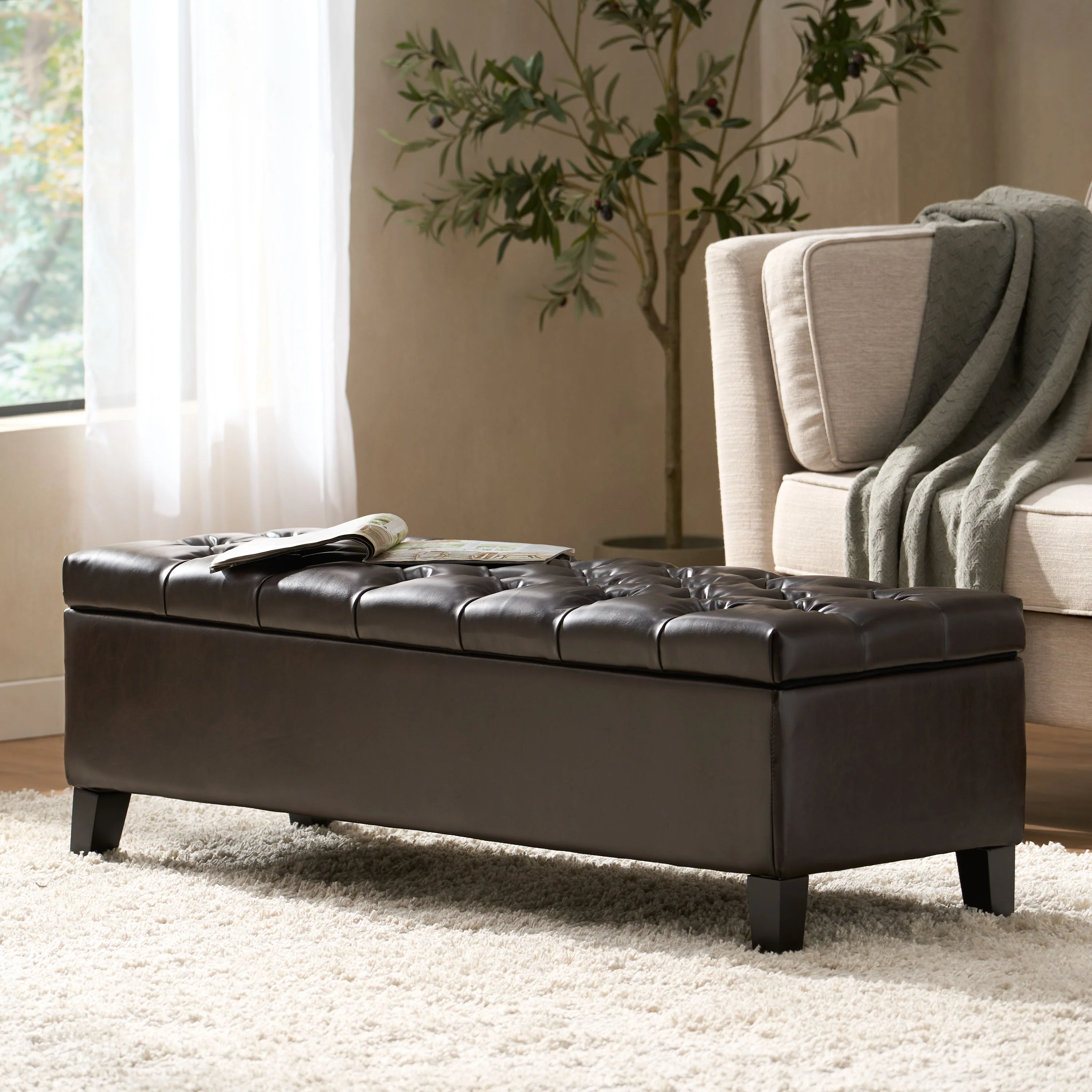 Molle Contemporary Button-Tufted Leather Storage Ottoman Bench - furnishings