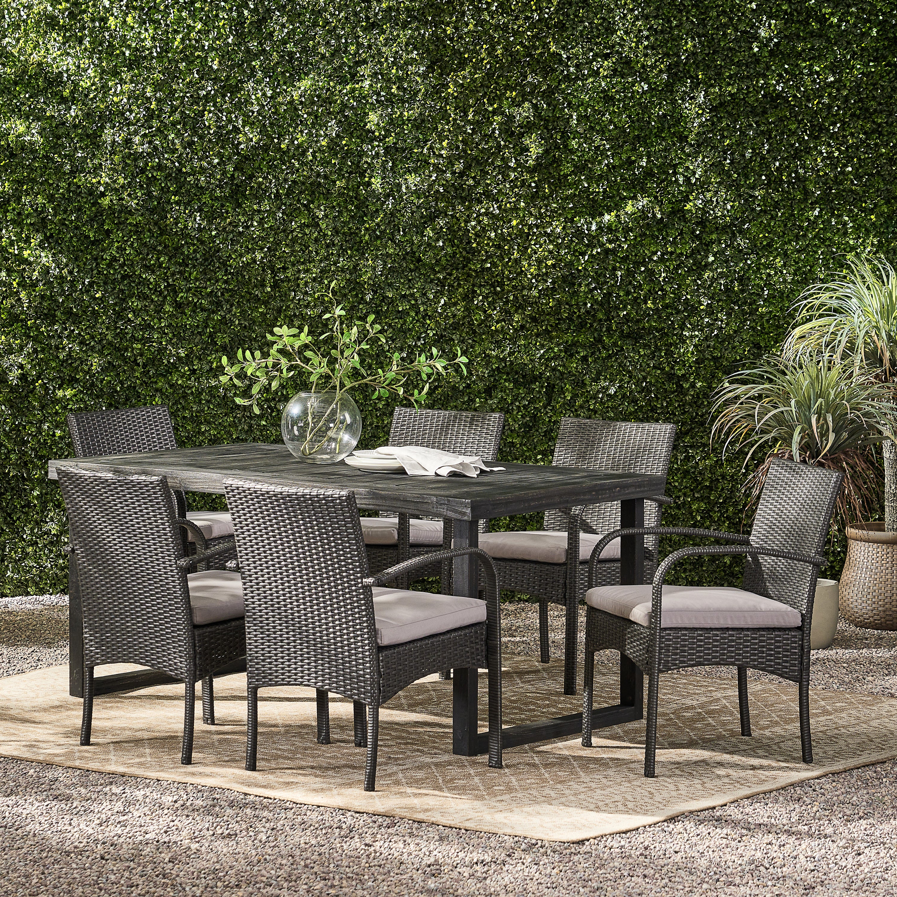 Doris Outdoor 6-Seater Acacia Wood Dining Set with Wicker Chairs - furnishings
