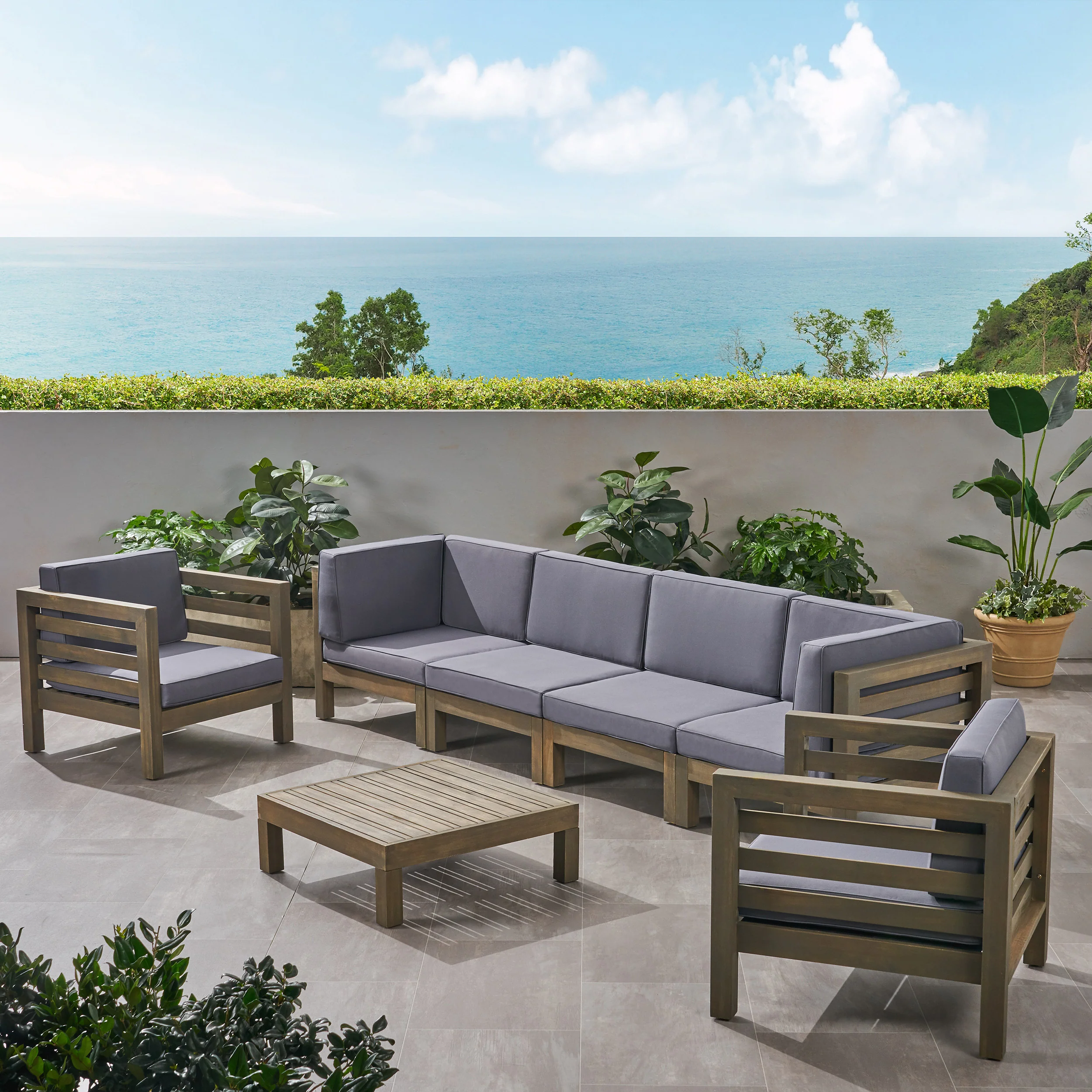 Emma Outdoor 6 Seater Acacia Wood Sofa Chat Set - furnishings