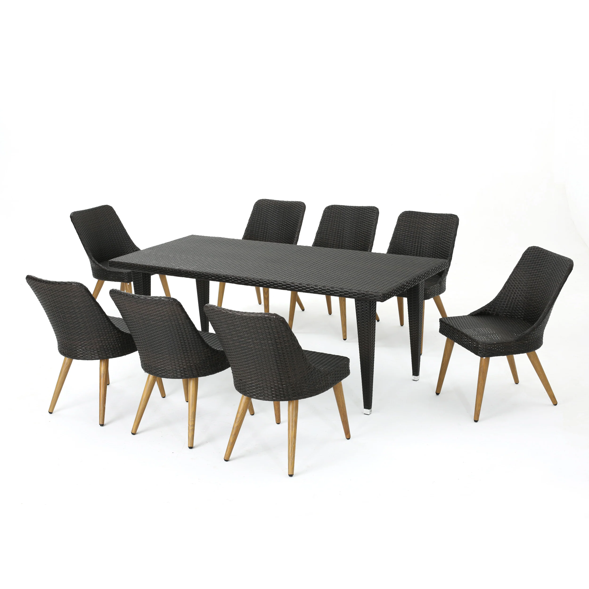 Jamey Outdoor 9 Piece Multi-brown Wicker Dining Set with Wood Finished Metal Leg - furnishings