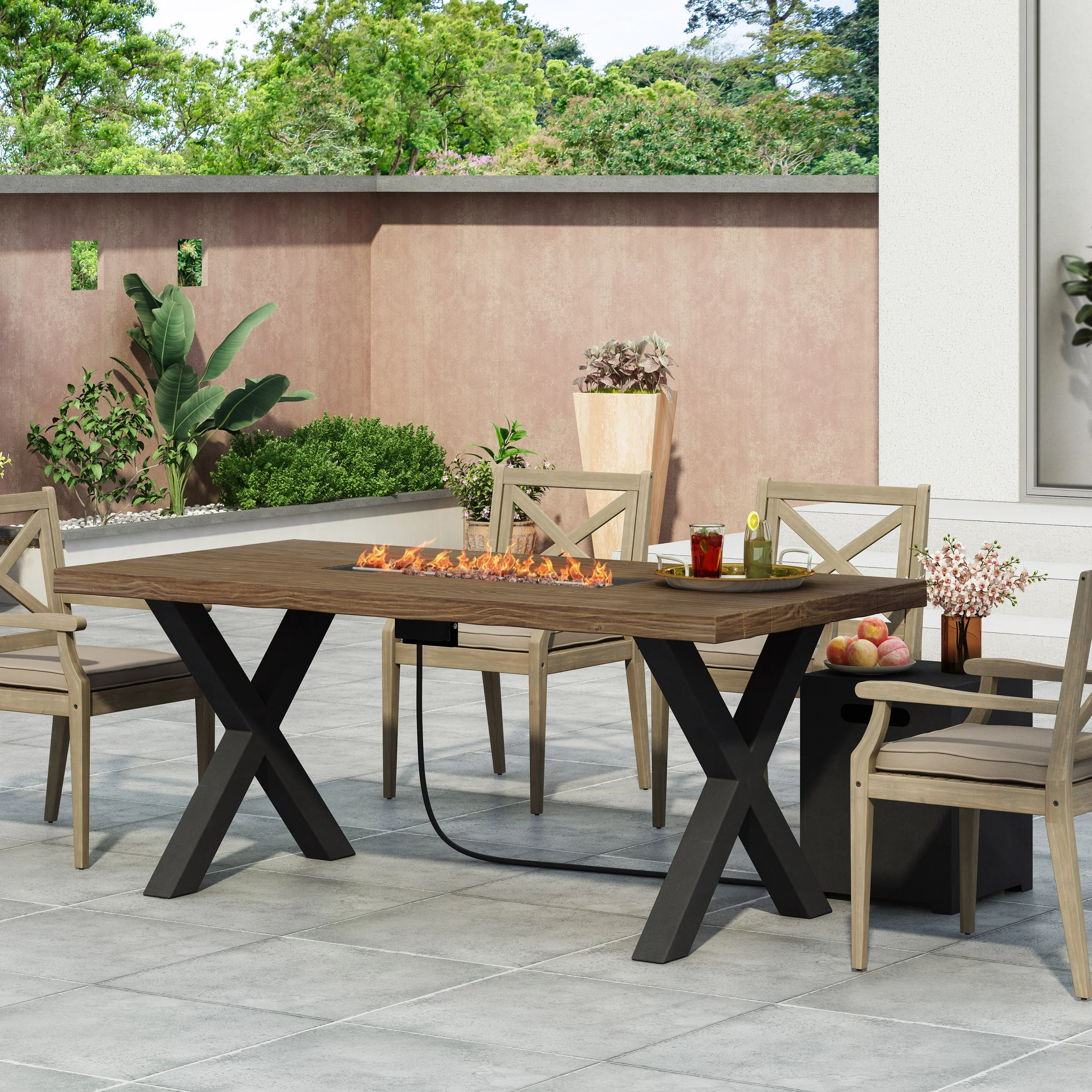 Hyrum Outdoor 40,000 BTU Fire Pit Dining Table with Tank Holder, Textured Brown Walnut, Black, and Dark Gray - furnishings