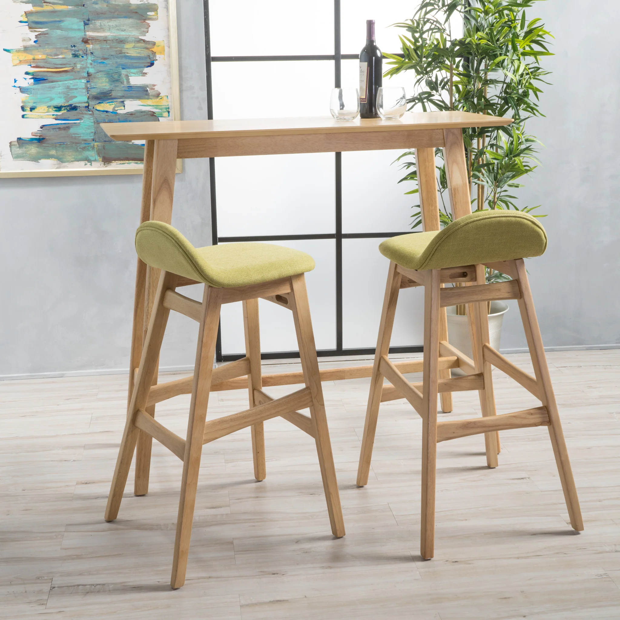 Margaret Mid-Century Modern 3 Piece Wood Finish Bar Set with Upholstered Seating - furnishings
