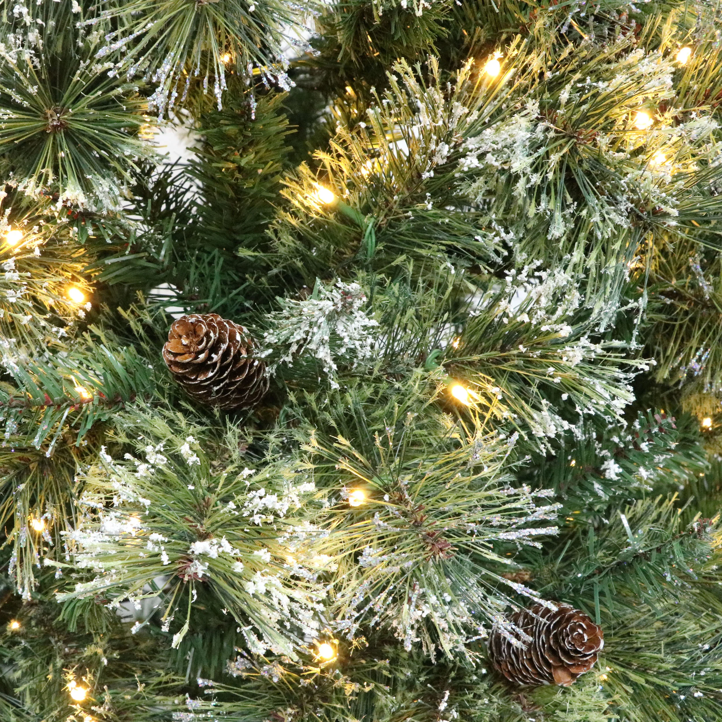 7-foot Cashmere Pine and Mixed Needles Pre-Lit Clear LED Hinged Artificial Christmas Tree with Snow and Glitter Branches and Frosted Pinecones - furnishings
