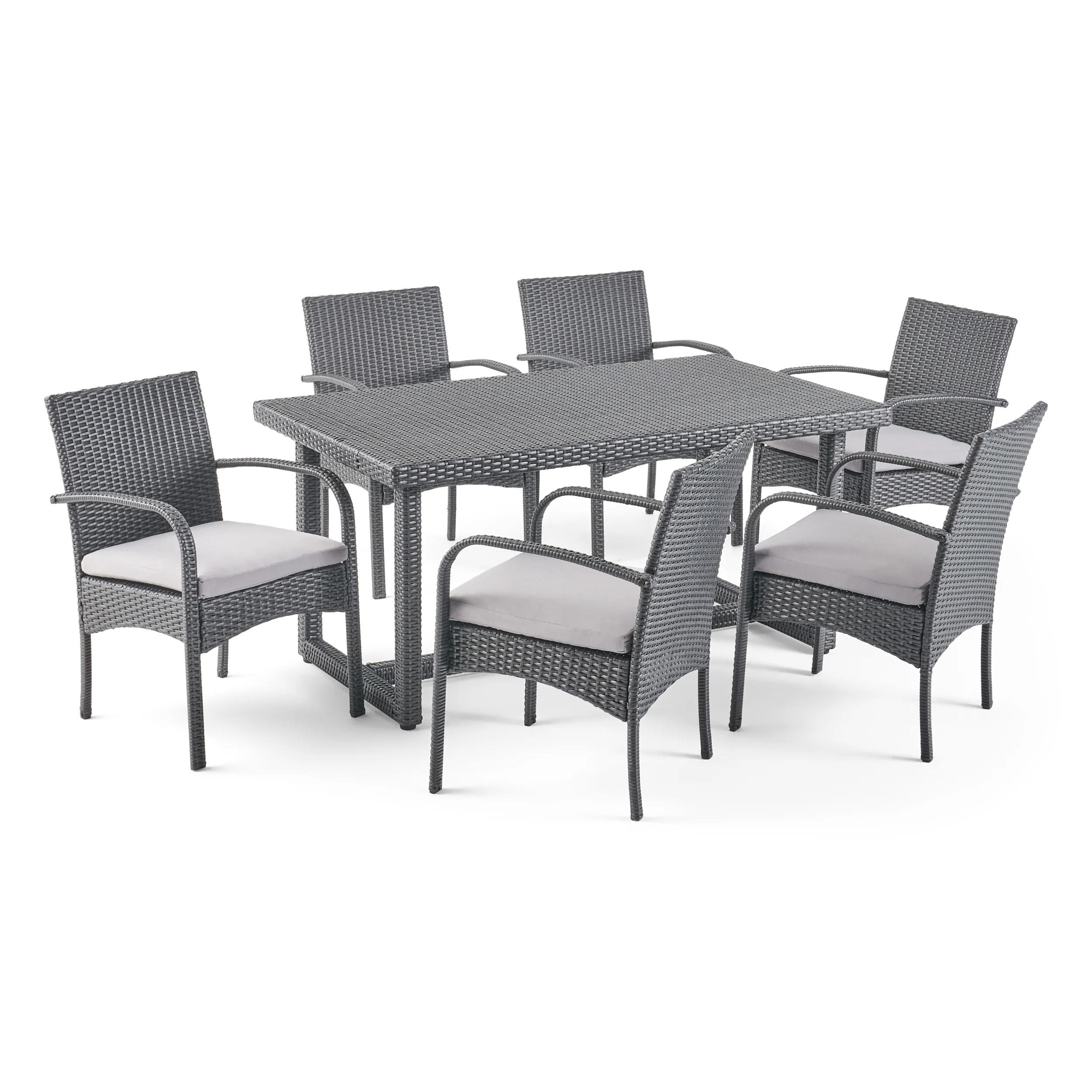 Sophia Outdoor 7 Piece Wicker Dining Set, Grey with Grey Cushions - furnishings