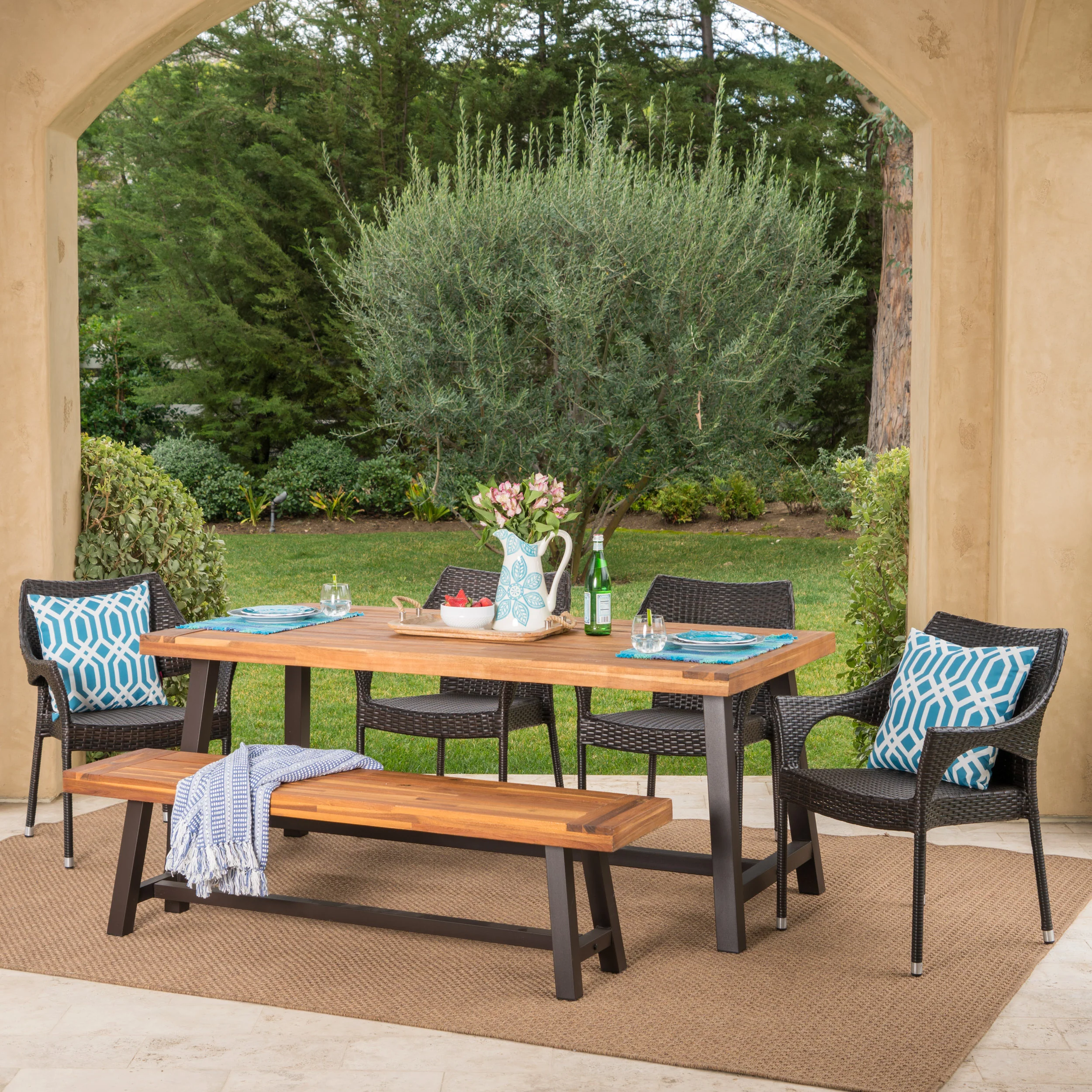 Flora Outdoor 6 Piece Rustic Metal and Sandblast Finished Wood Dining Set - furnishings