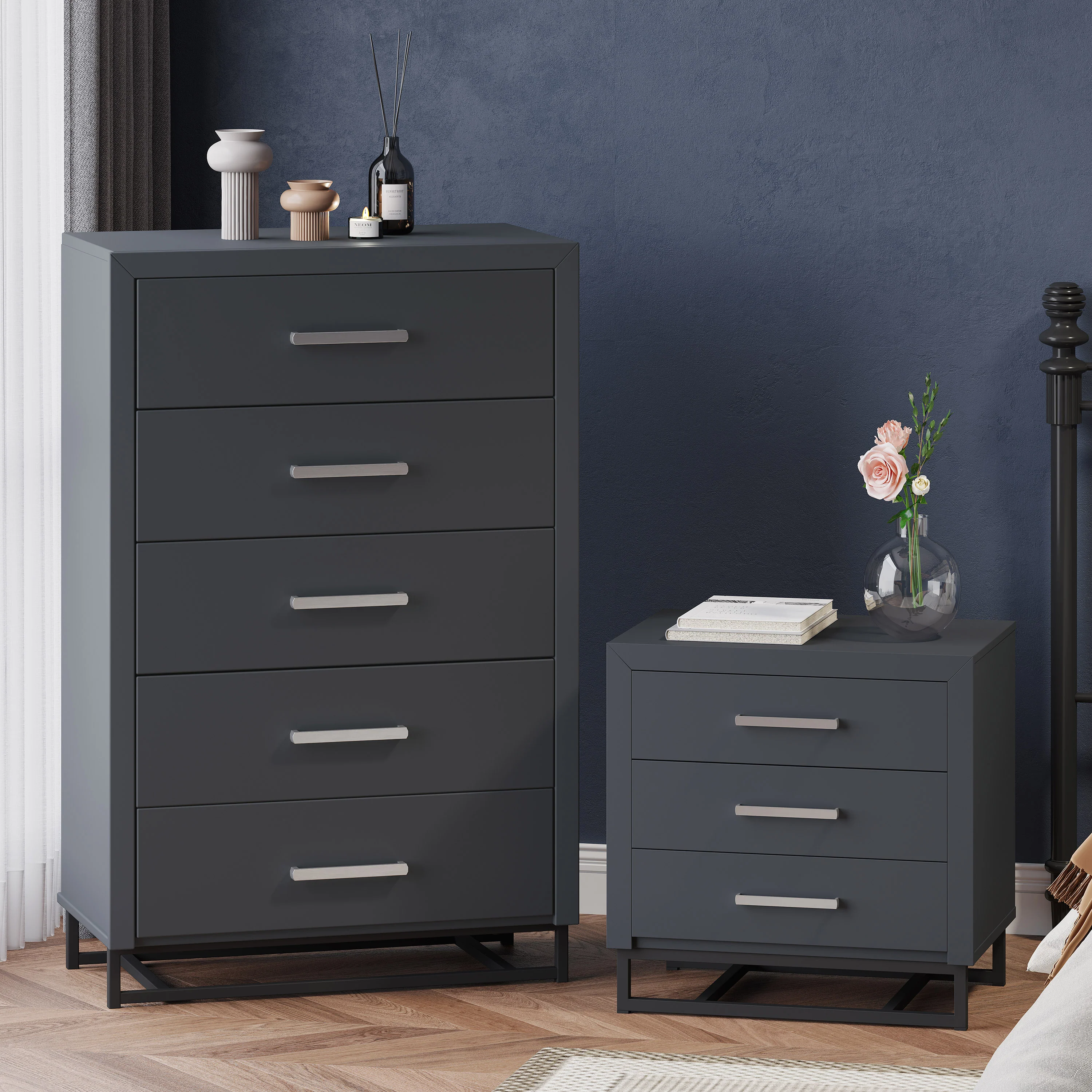 Borah Contemporary Faux Wood 2 Piece 5 Drawer Dresser and Nightstand Bedroom Set - furnishings