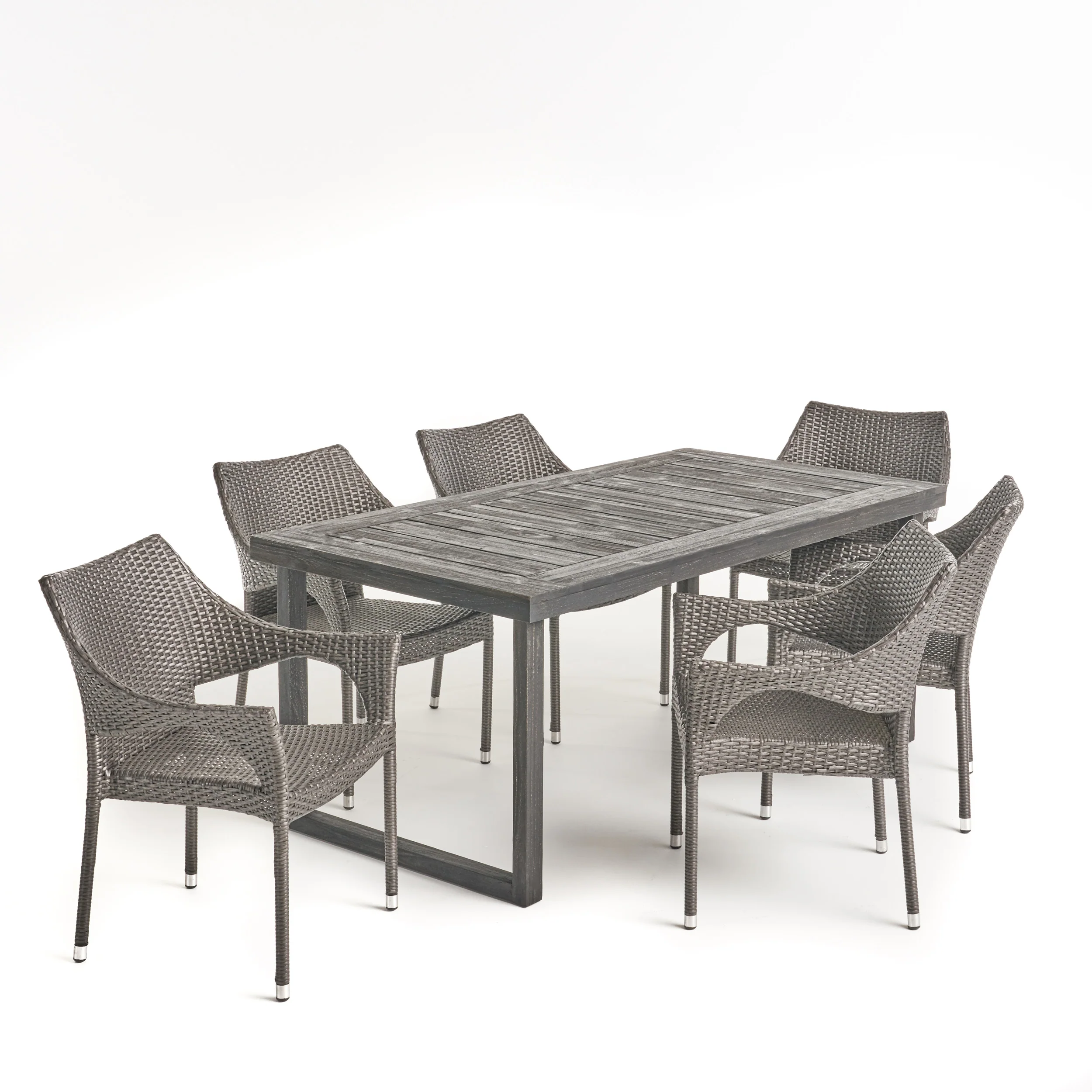 Joa Outdoor 7 Piece Acacia Wood Dining Set with Stacking Wicker Chairs, Sandblast Dark Gray and Gray - furnishings