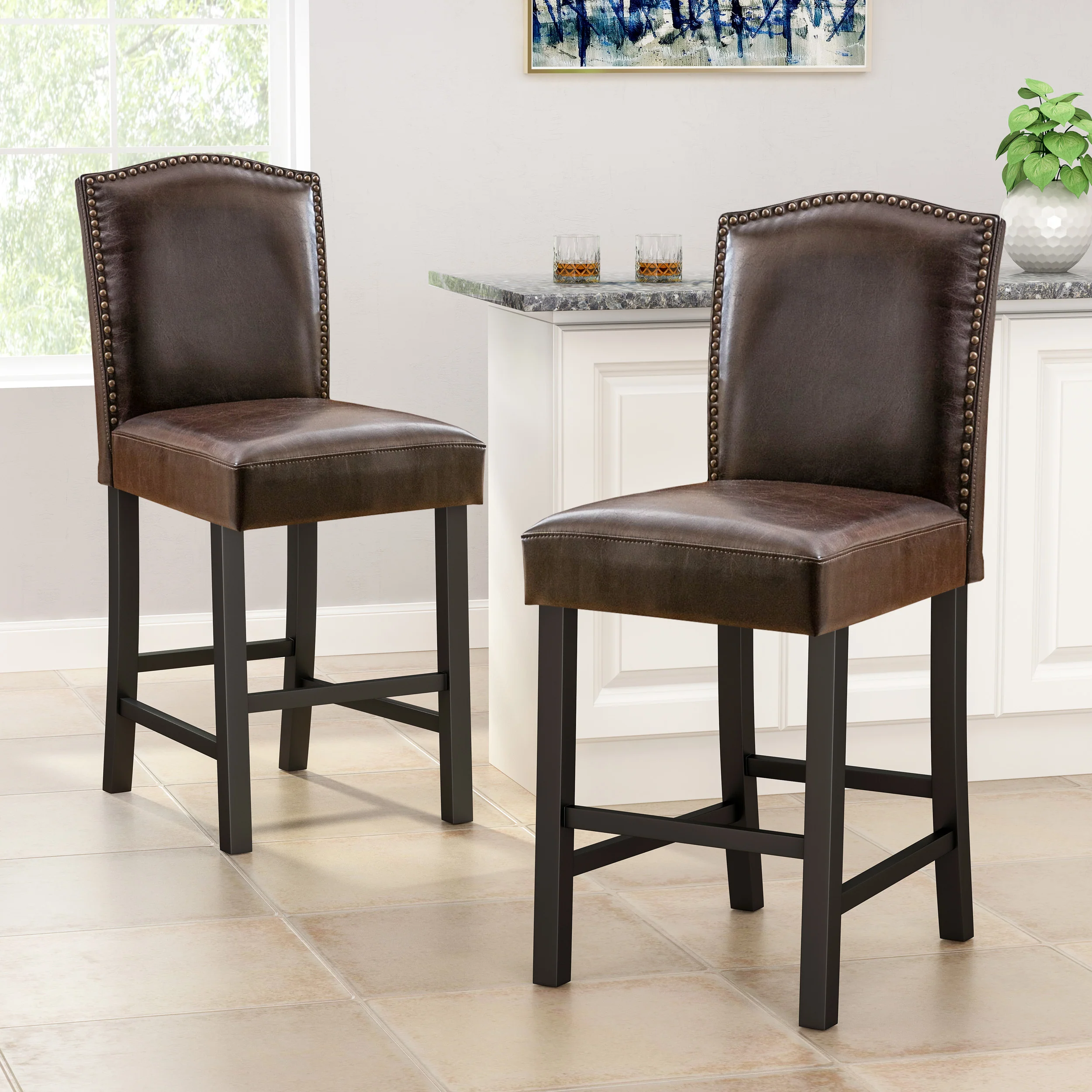 Maksman 27-Inch Brown Leather Counter Stools (Set of 2) - furnishings
