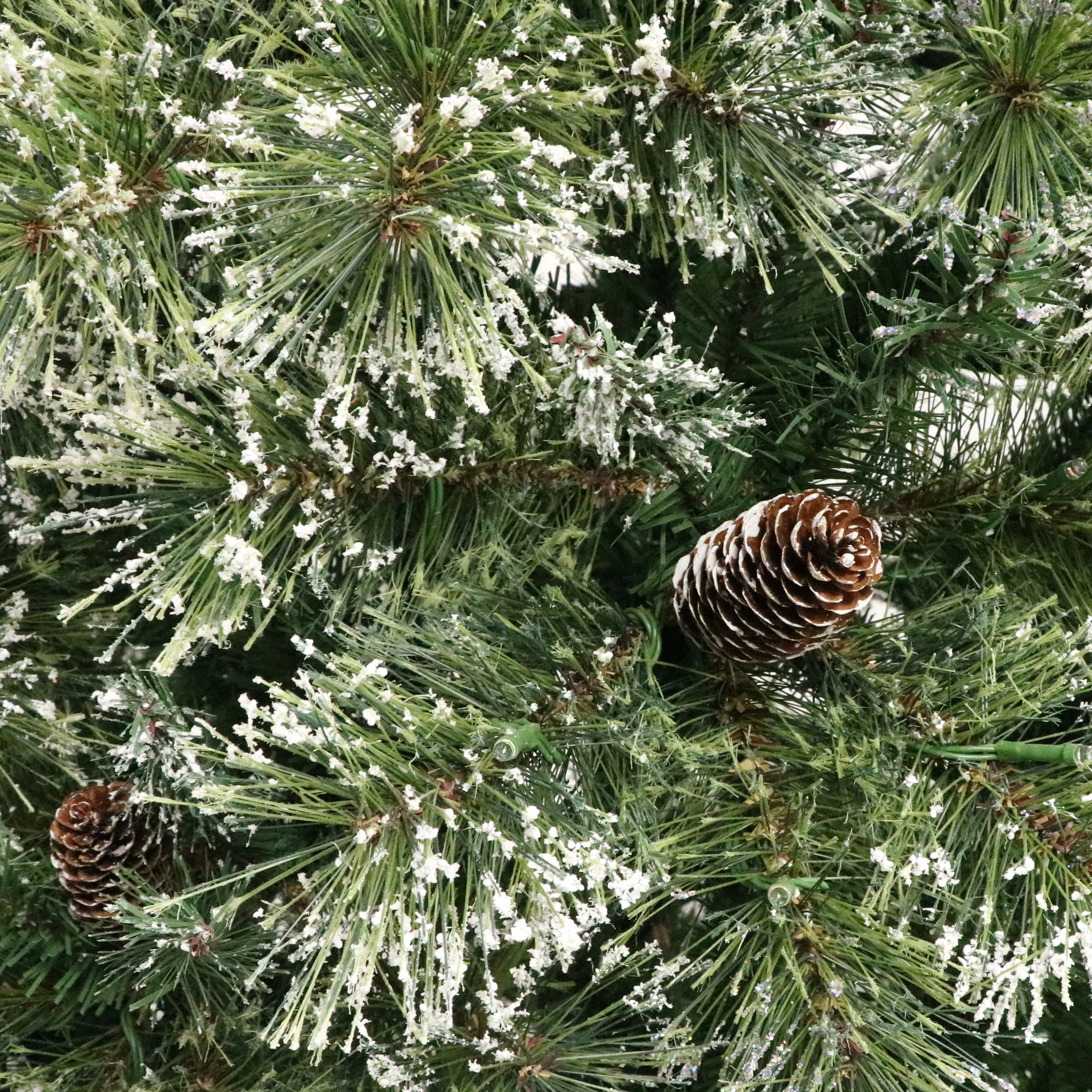 7-foot Cashmere Pine and Mixed Needles Pre-Lit Clear LED Hinged Artificial Christmas Tree with Snow and Glitter Branches and Frosted Pinecones - furnishings
