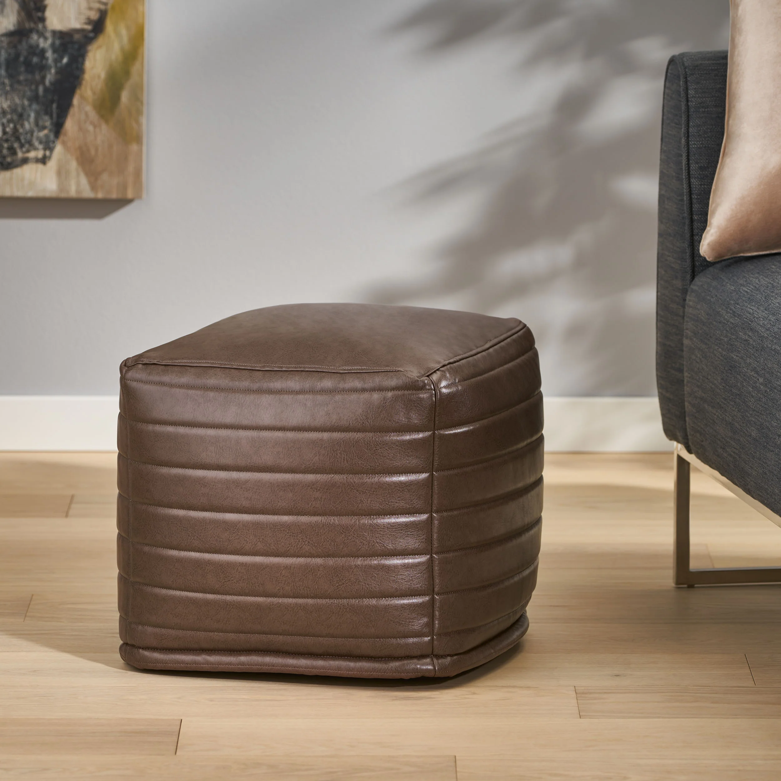 Conrail Contemporary Faux Leather Channel Stitch Pouf - furnishings