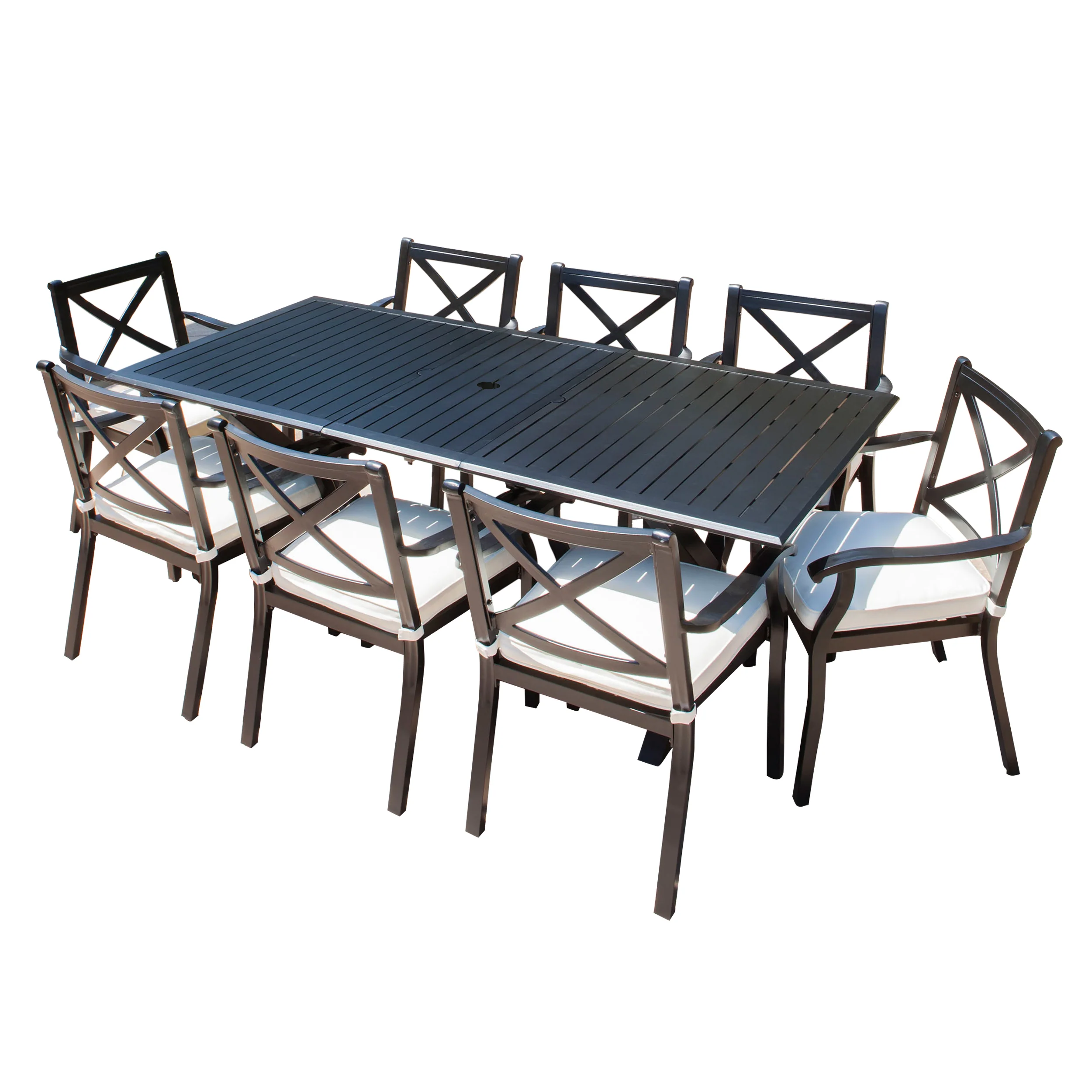 Eowyn Expandable 7-9 Piece Outdoor Cast Aluminum Dining Set w/ Umbrella Hole - furnishings