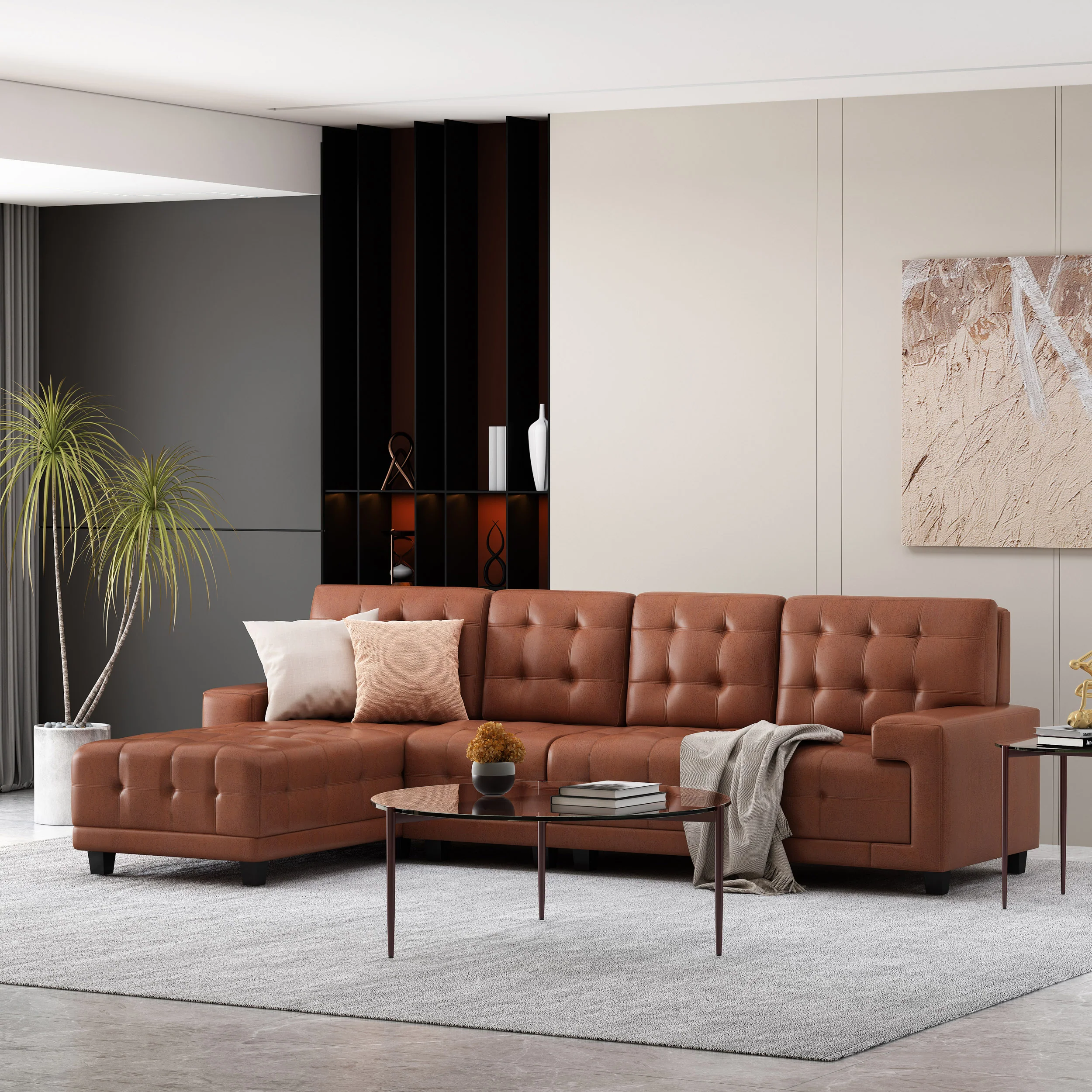 Littell Contemporary Faux Leather Tufted 4 Seater Sofa and Chaise Lounge Sectional Set - furnishings