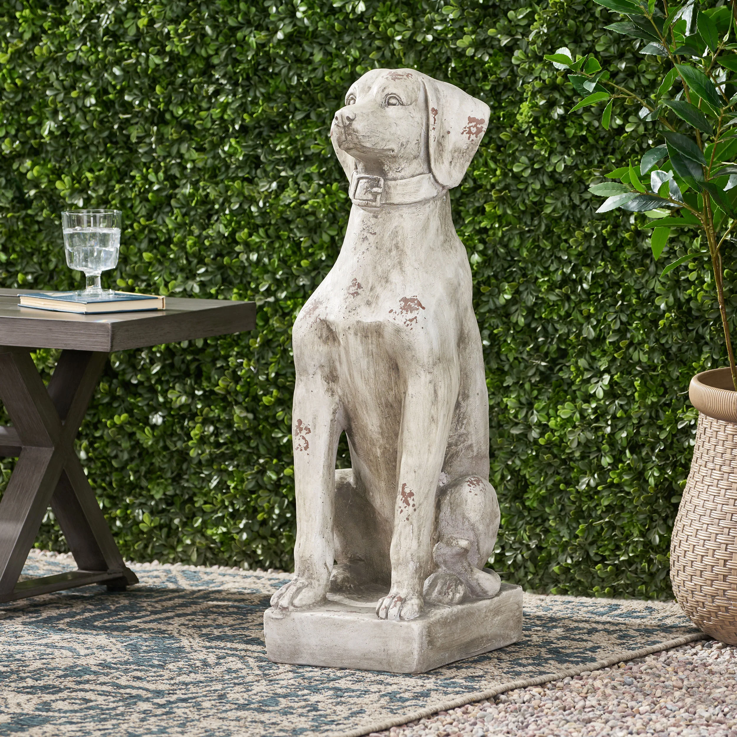 Ashtabula Outdoor Dog Garden Statue, Antique White - furnishings