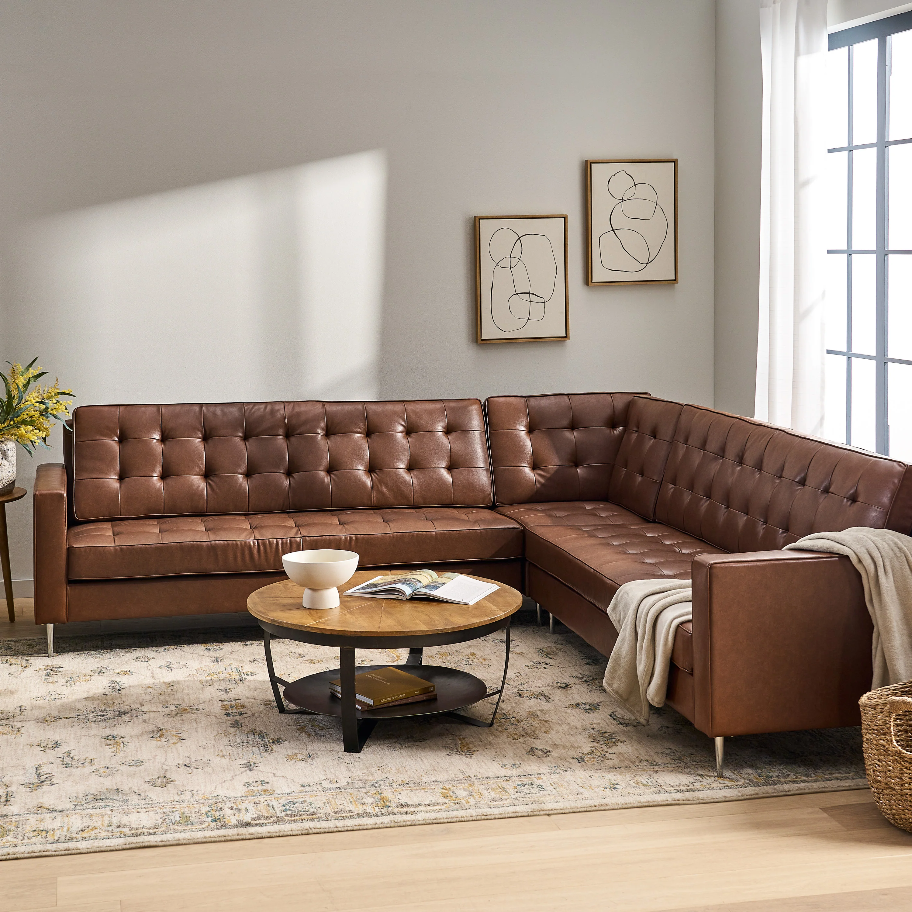 Goliath Contemporary Faux Leather Tufted 5 Seater Sectional Sofa Set - furnishings