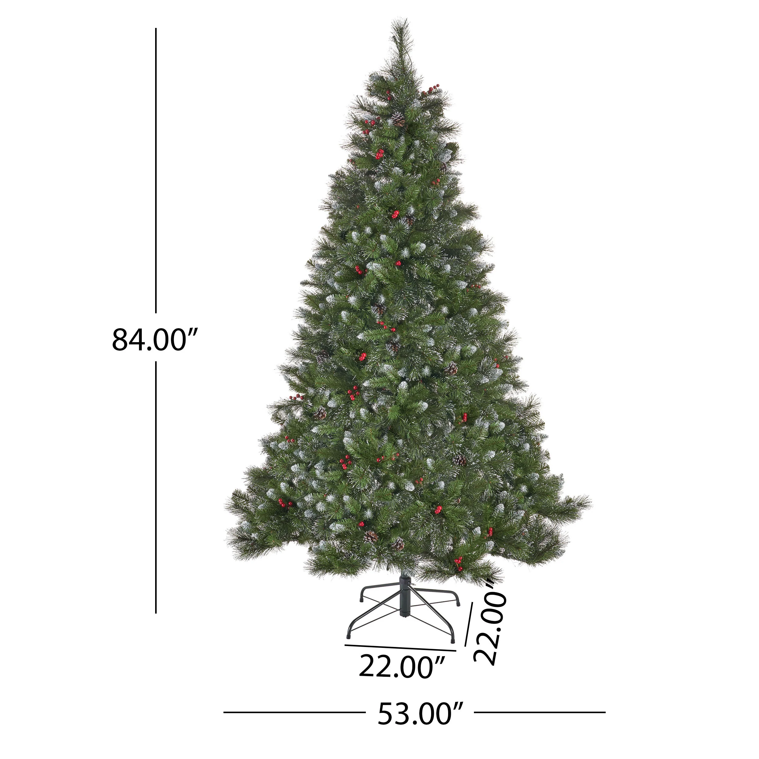 7-foot Mixed Spruce Hinged Artificial Christmas Tree with Glitter Branches, Red Berries, and Pinecones - furnbro