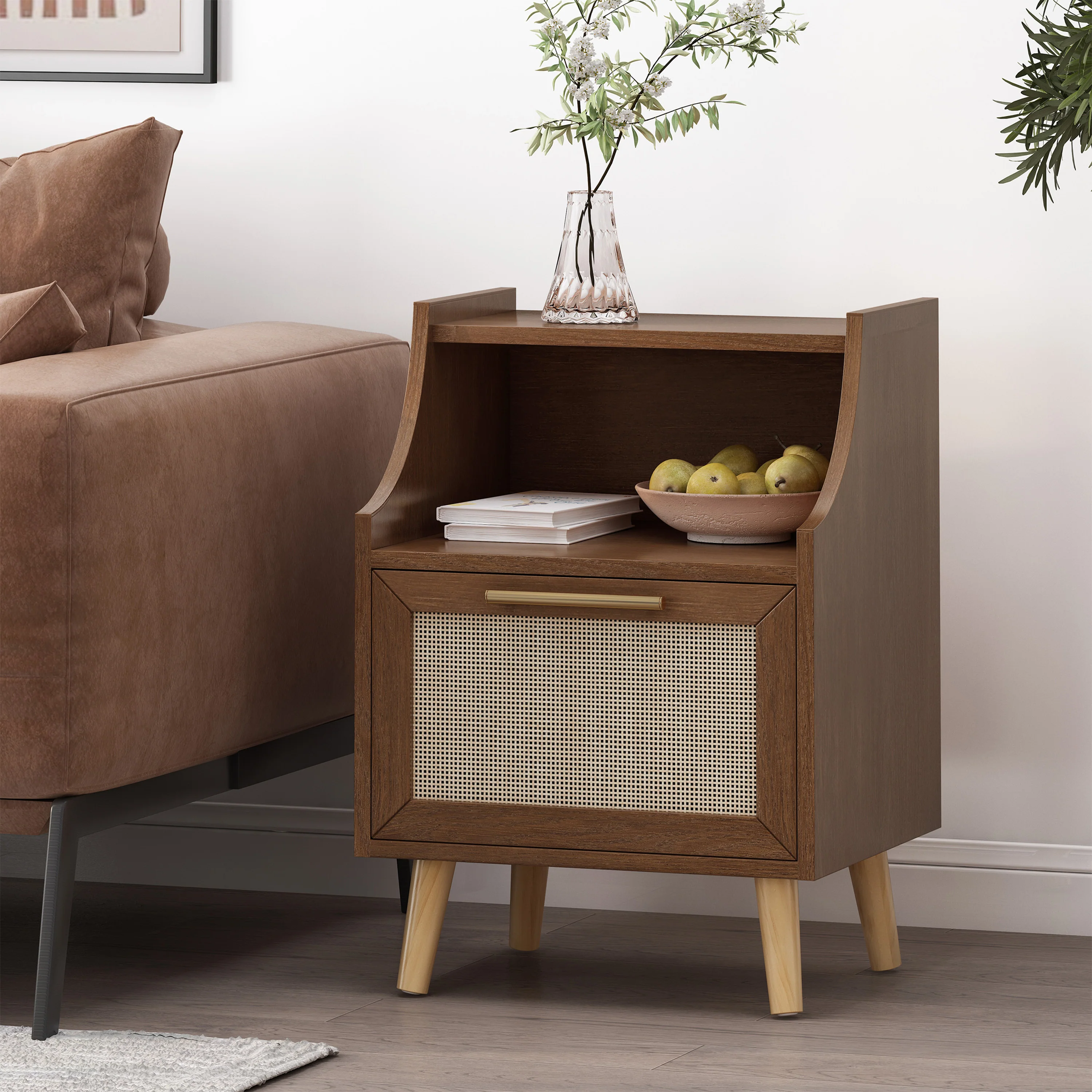 Hulett Contemporary End Table with Hutch, Walnut, Natural, and Antique Gold - furnishings