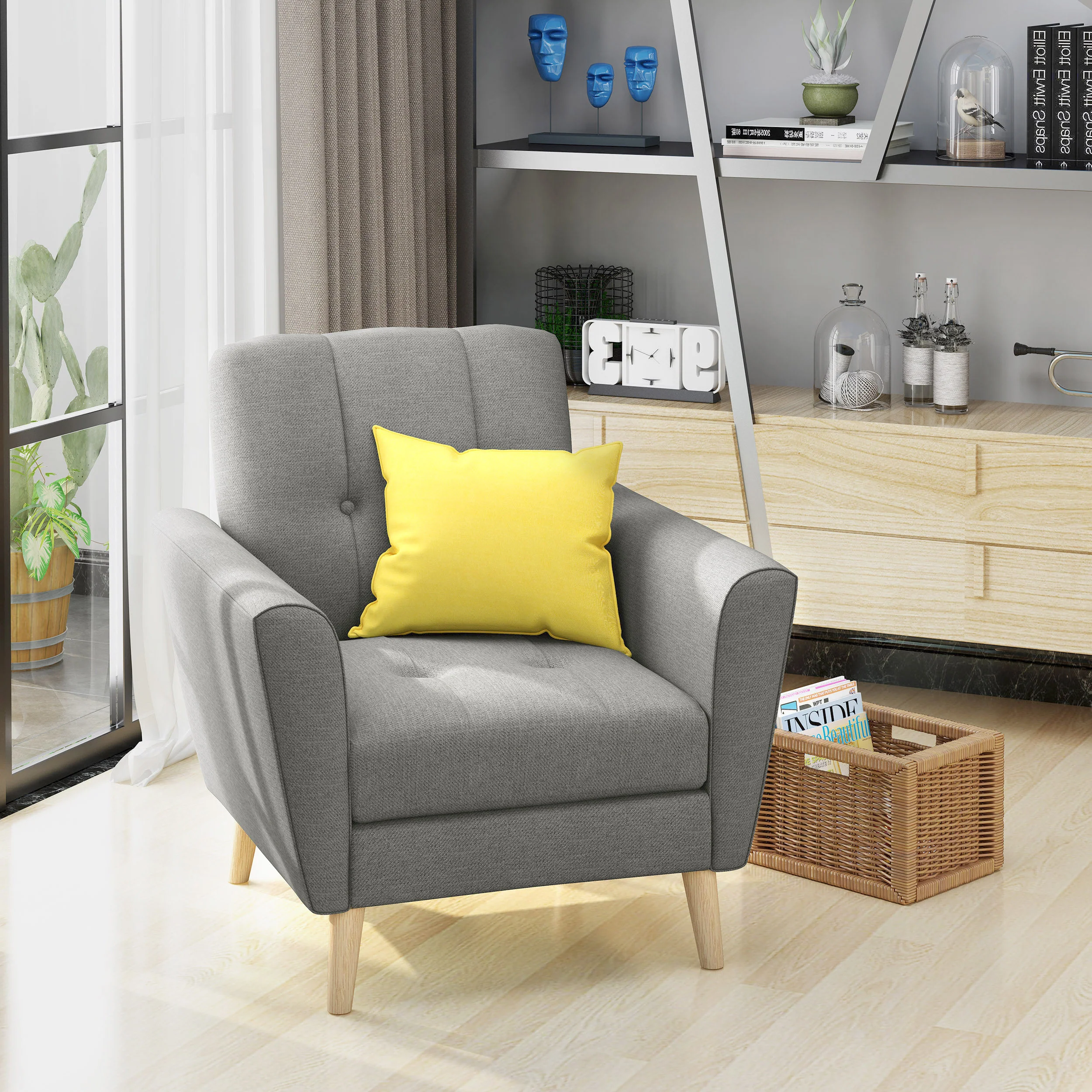 Angelica Mid Century Button Tufted Fabric Club Chair with Channel Stitching - furnishings