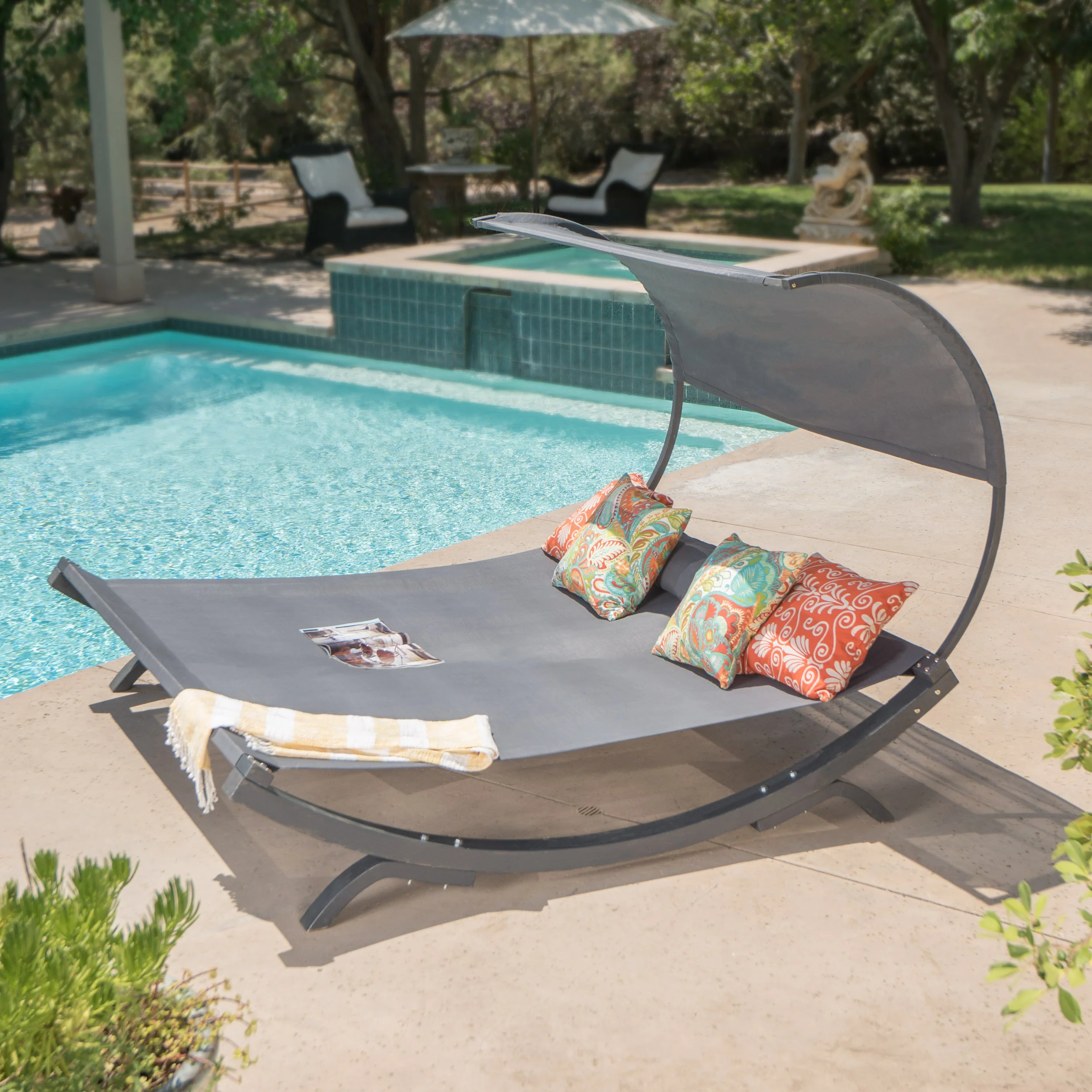 Merianna Gray Wood Sunbed with Gray Outdoor Mesh Canopy - furnishings