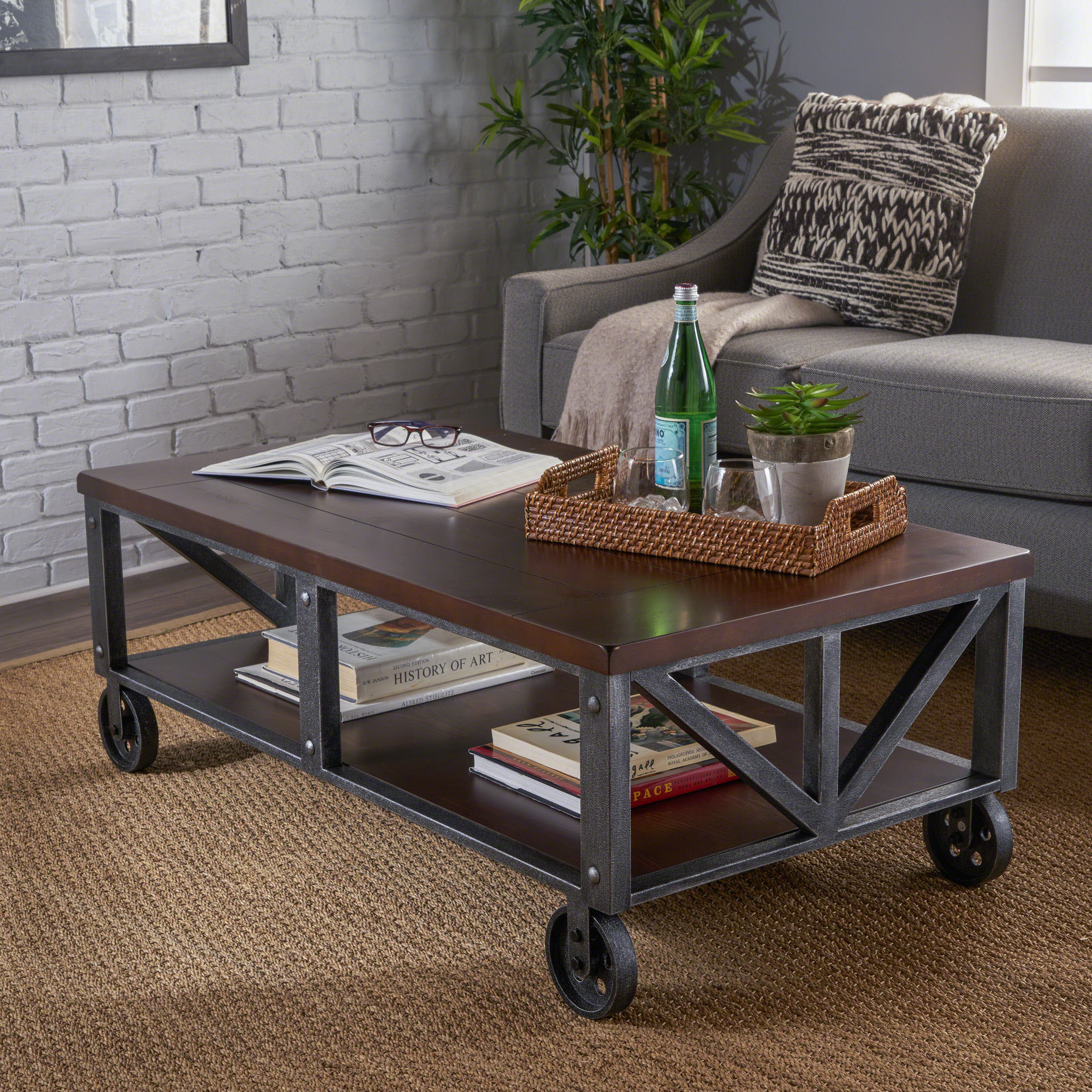Dresden Industrial Faux Wood Coffee Table with Antique Black Iron Frame - furnishings