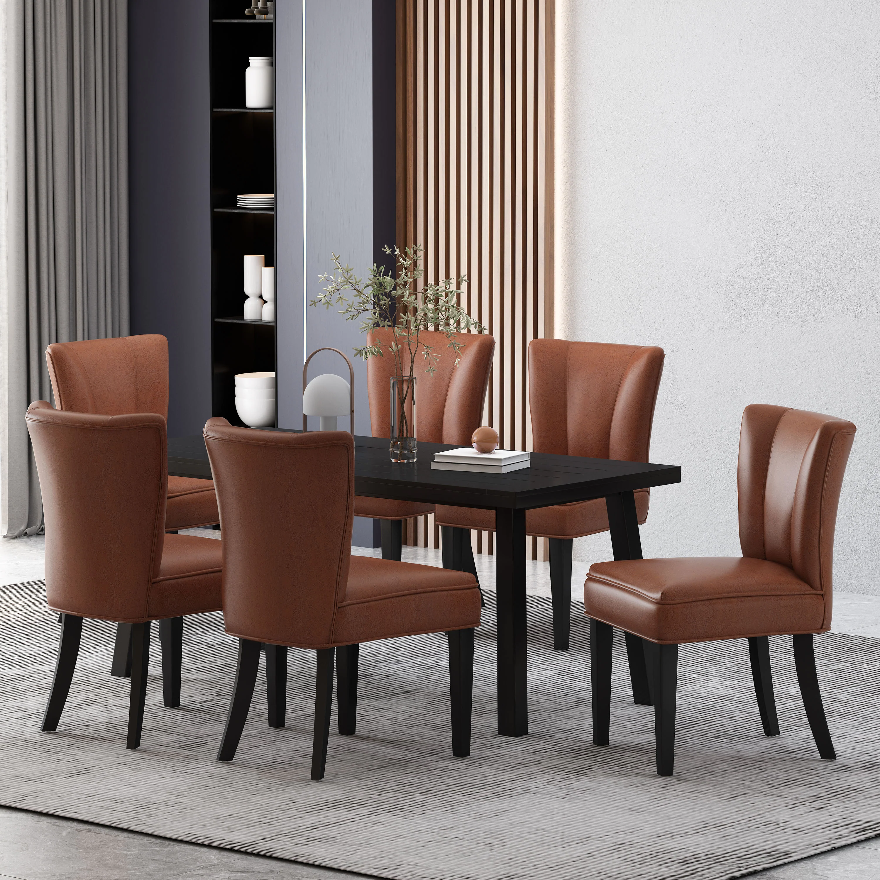 Eiden Modern Industrial Faux Leather and Acacia Wood 7 Piece Dining Set, Cognac Brown and Black - furnishings