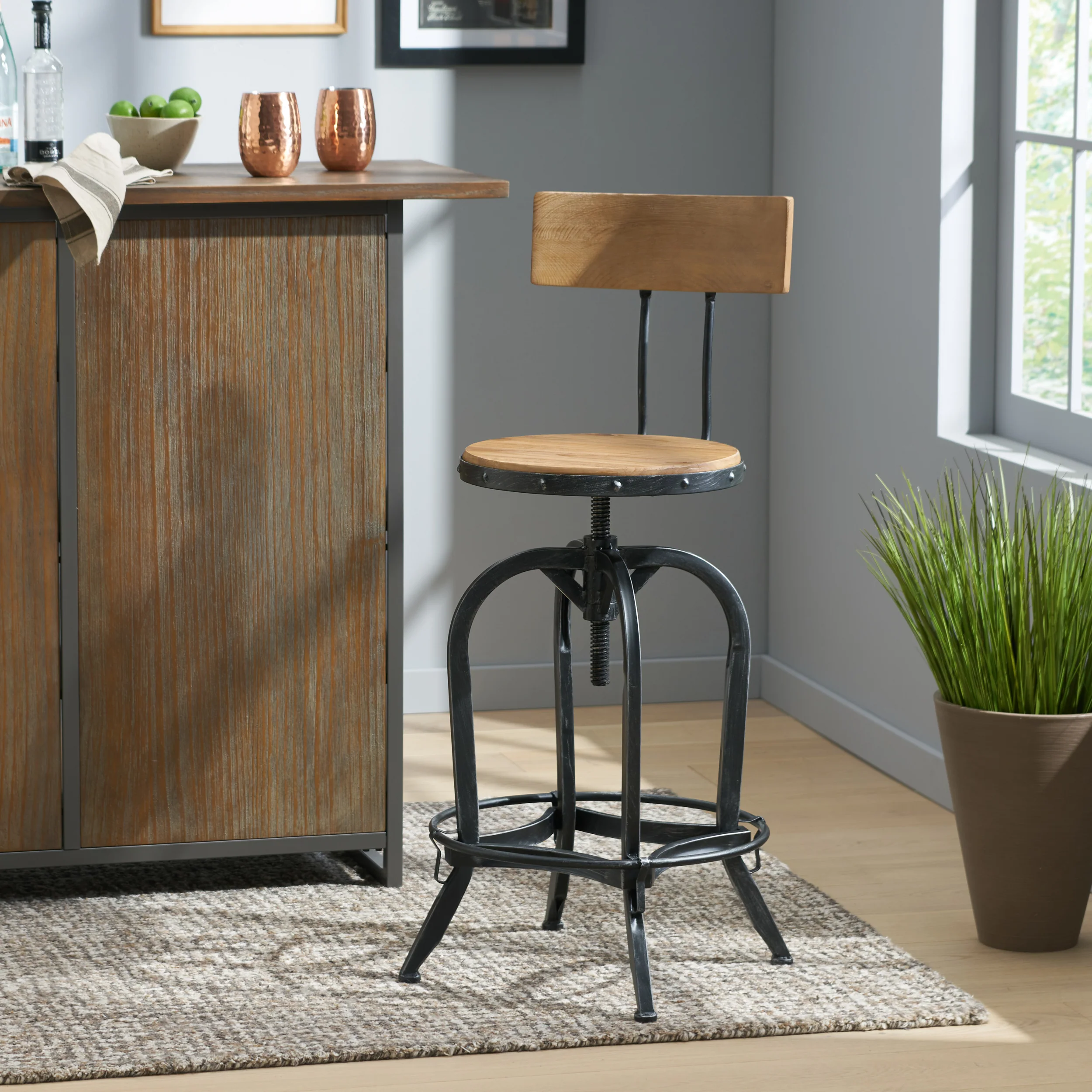 Hartley Naturally Antique Fir Wood Adjustable Barstool With Backrest - furnishings