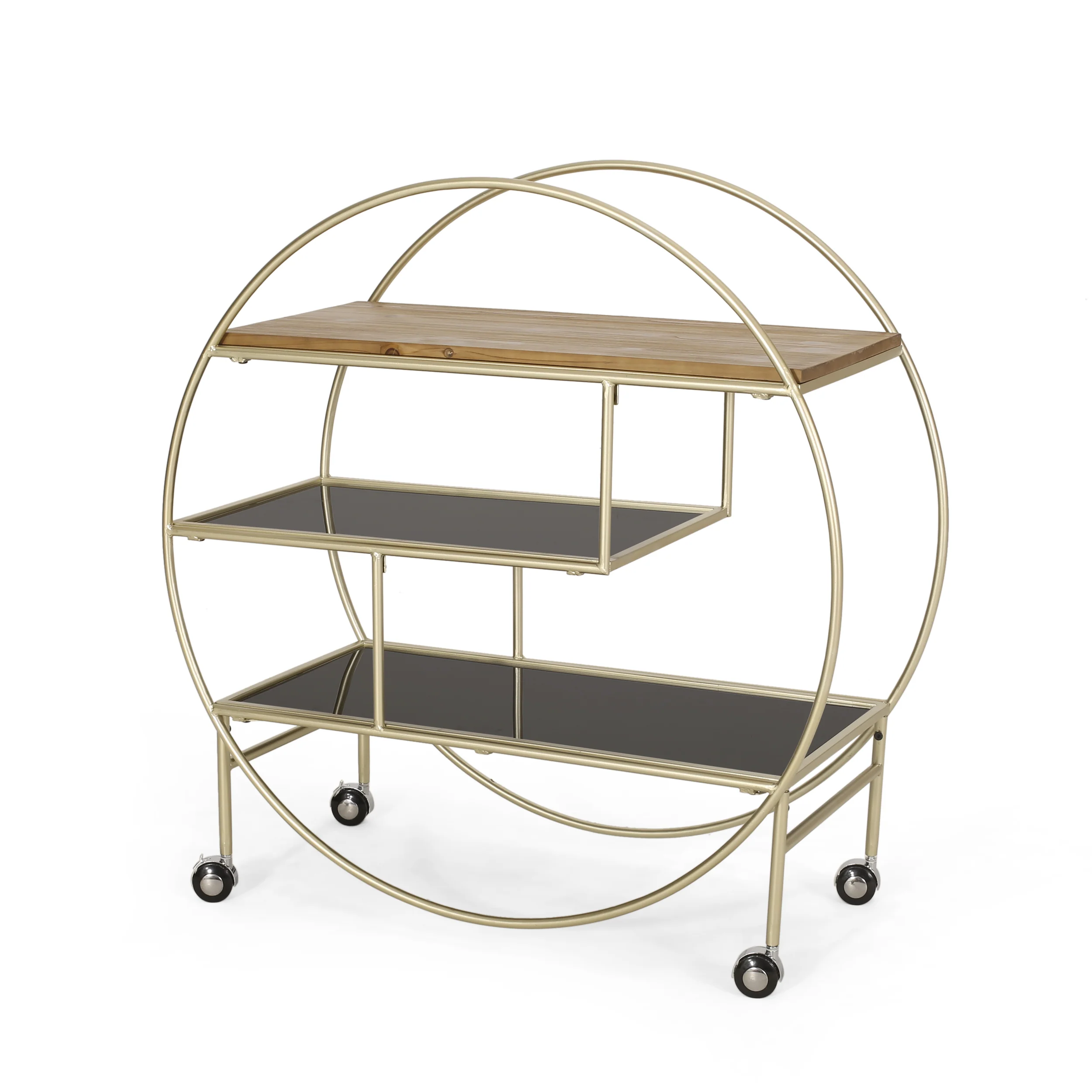 Hazlett Contemporary 3 Shelf Circular Bookcase, Black, Gold, and Antique - furnishings