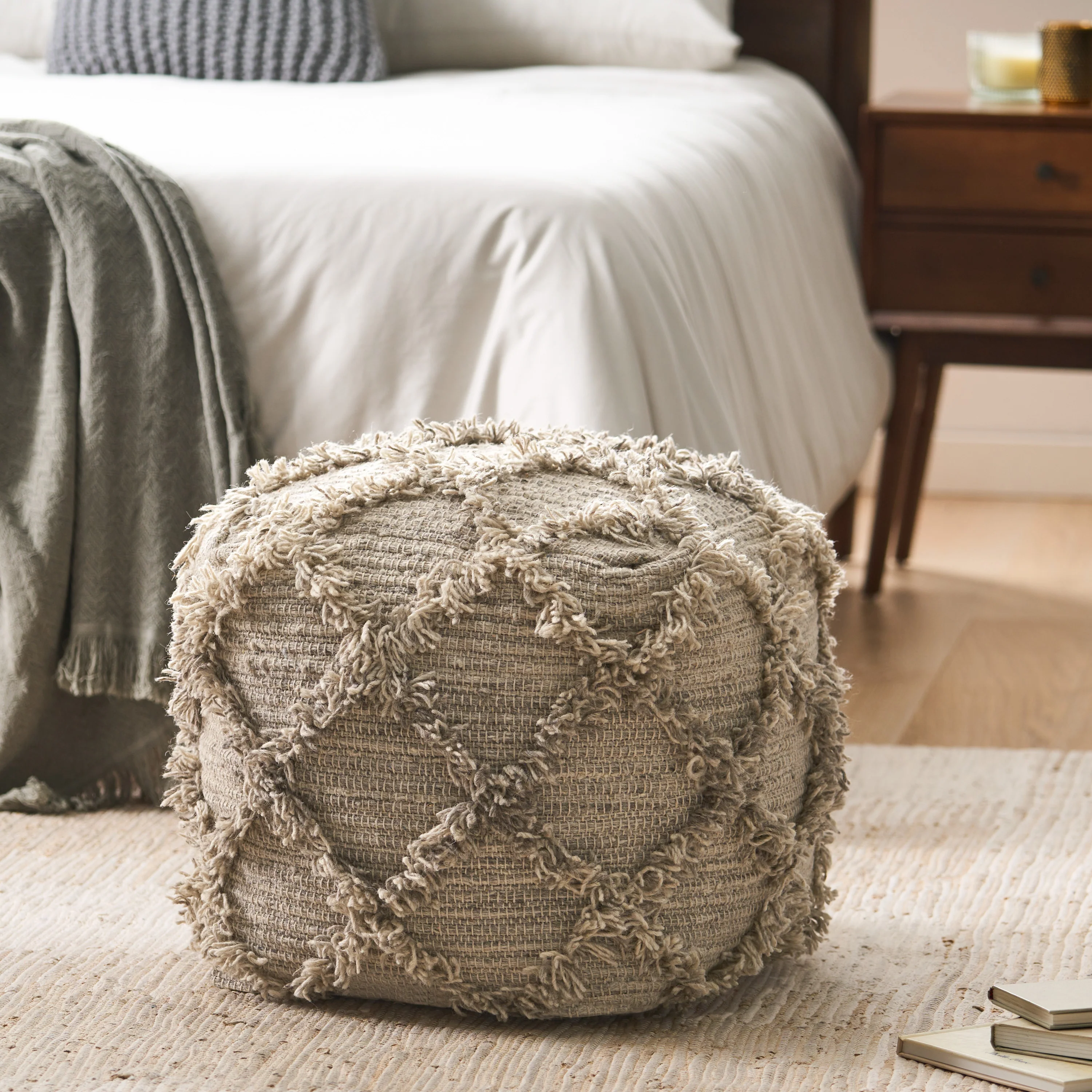 Viraj Boho Artisan Hand Woven Wool and Cotton Cube Pouf - furnishings