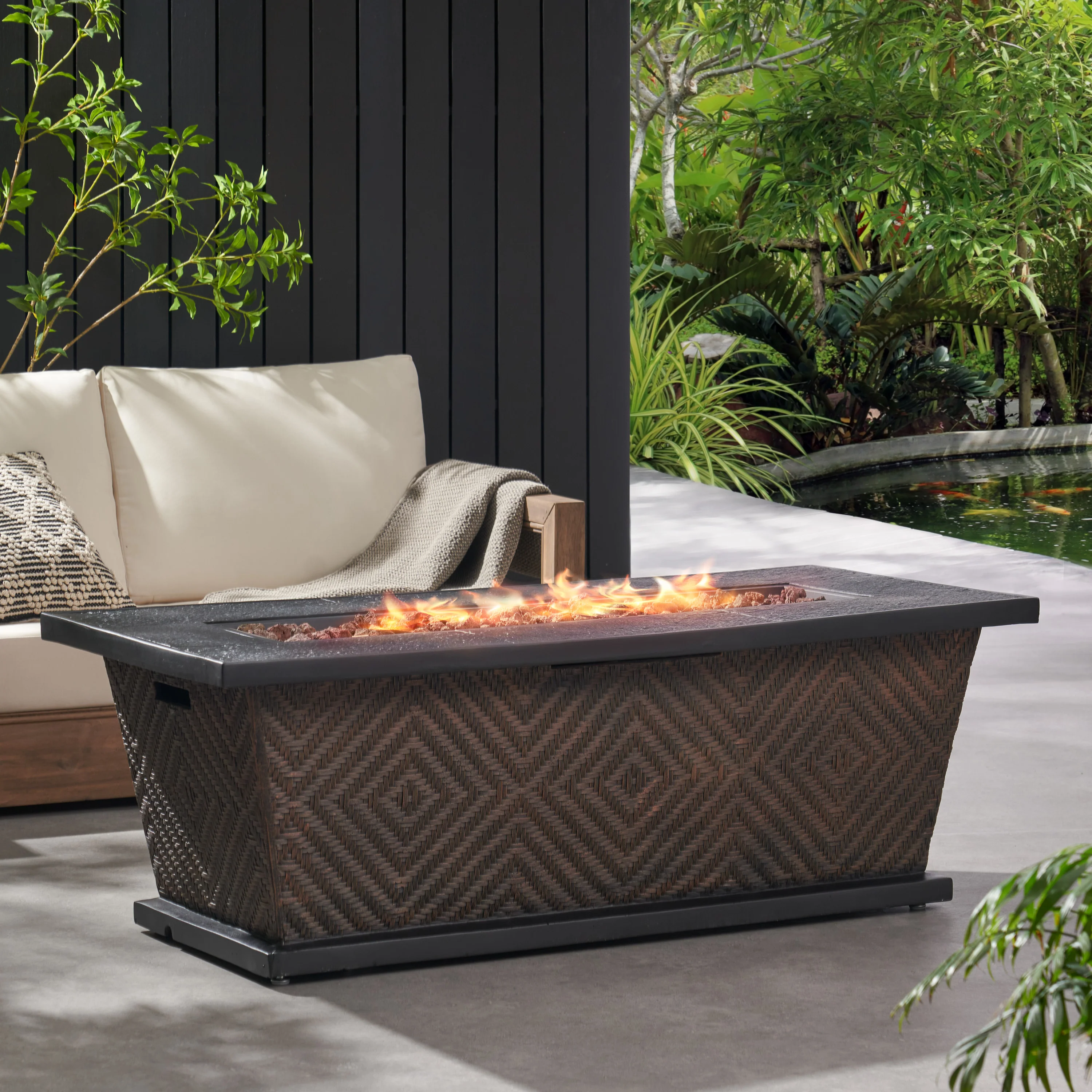 La Jolla Outdoor 50,000 BTU Lightweight Concrete Rectangular Fire Pit (No Tank Holder), Brown - furnishings