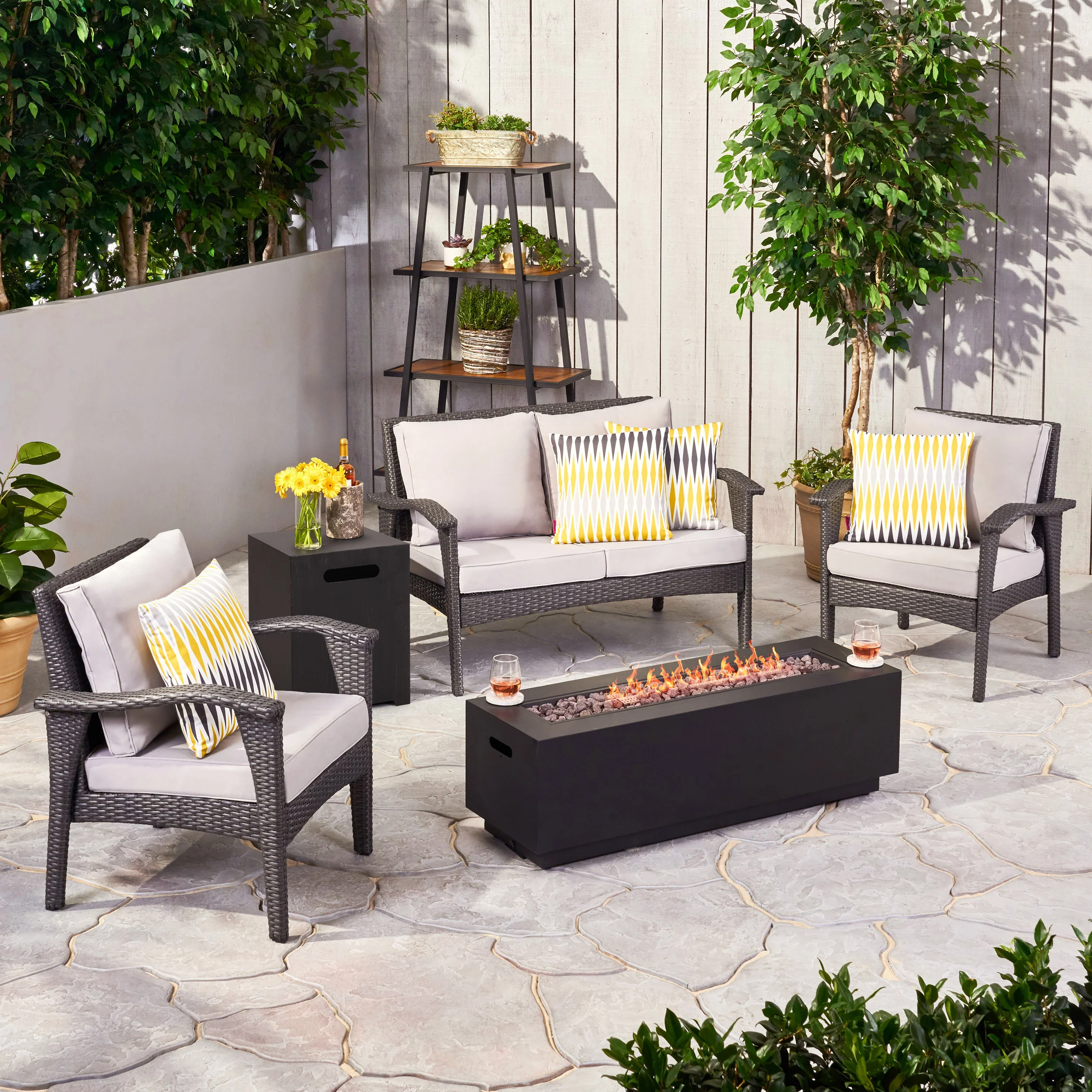 Kinnick Outdoor 4 Seater Wicker Chat Set with Fire Pit - furnishings