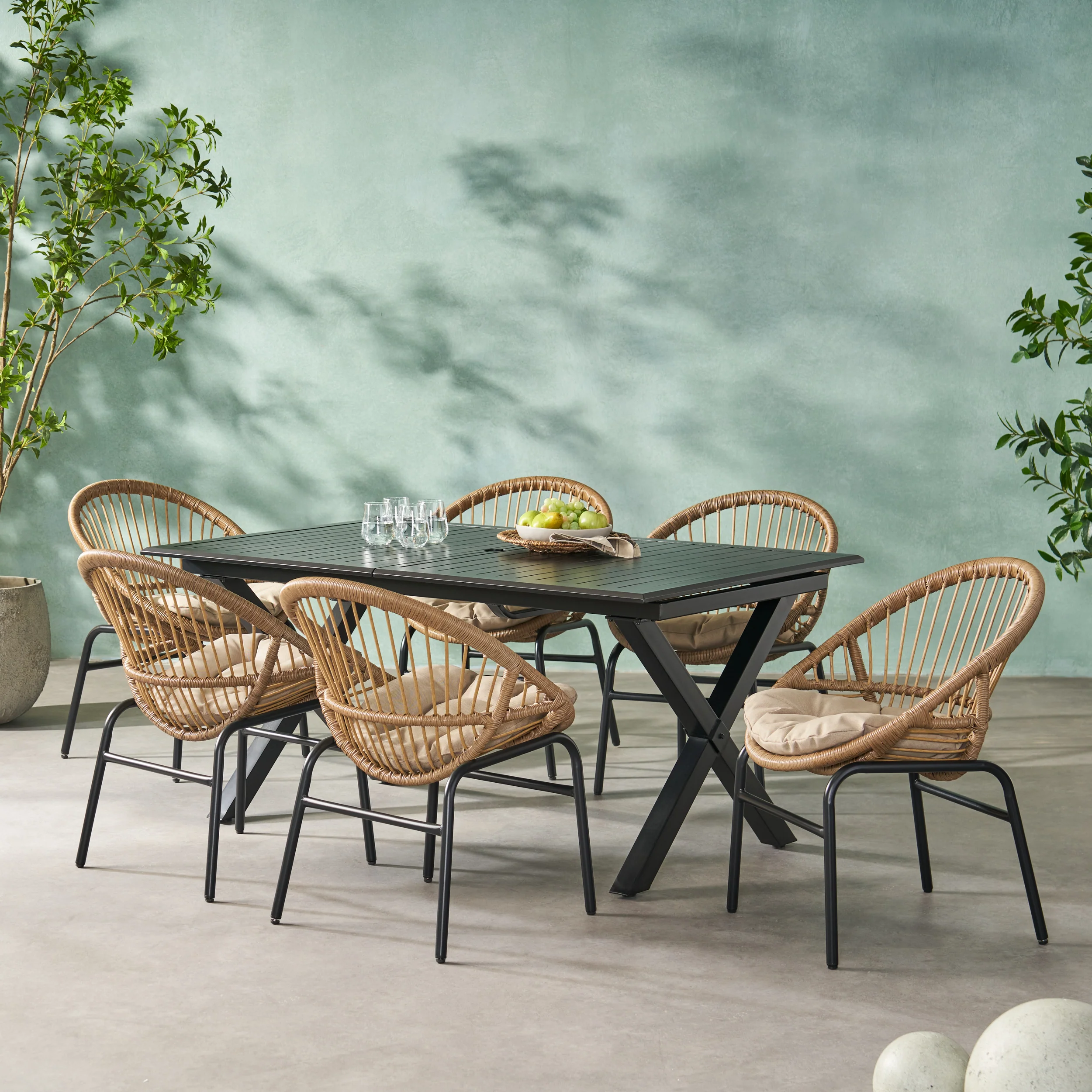 Benway Outdoor Wicker and Aluminum 7 Piece Expandable Dining Set with Cushion, Light Brown, Beige, and Black - furnishings
