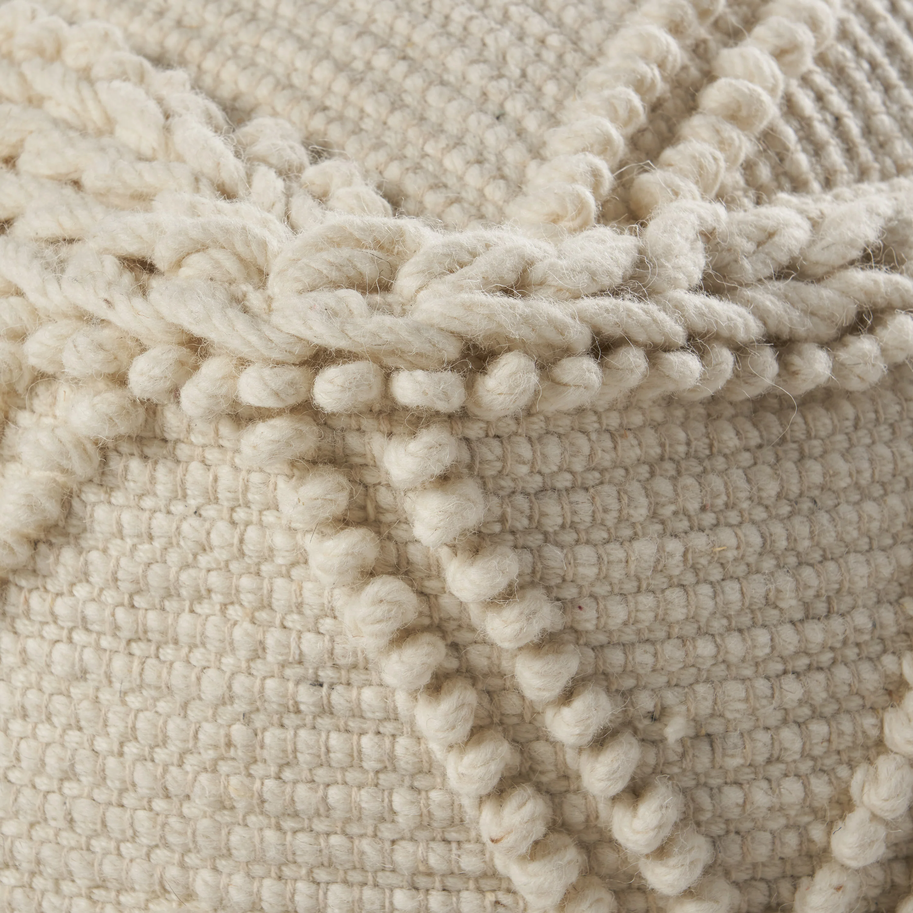 Nina Large Square Casual Pouf, Boho, White Wool and Cotton - furnishings