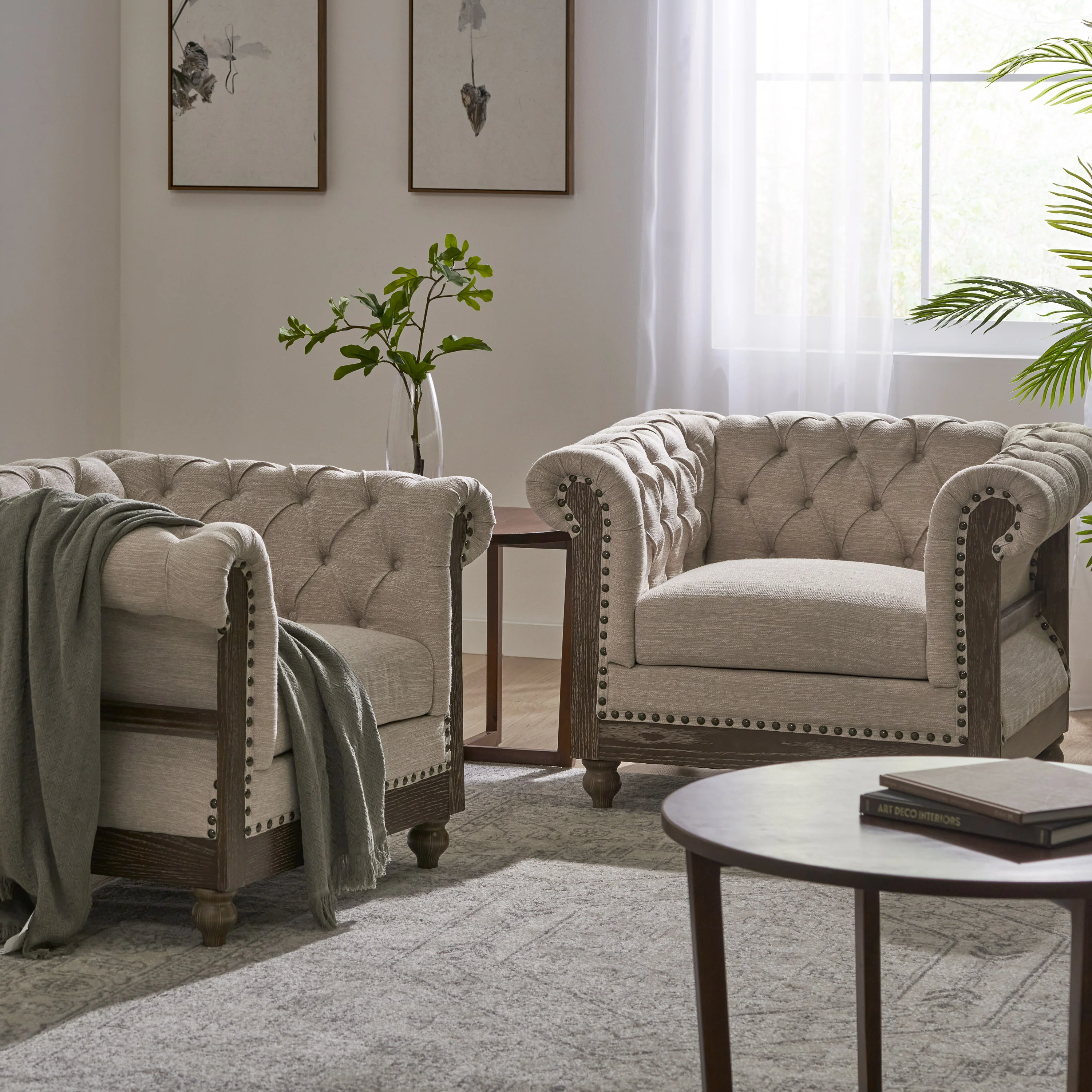 Alejandro Chesterfield Tufted Fabric Club Chairs with Nailhead Trim, Set of 2 - furnishings