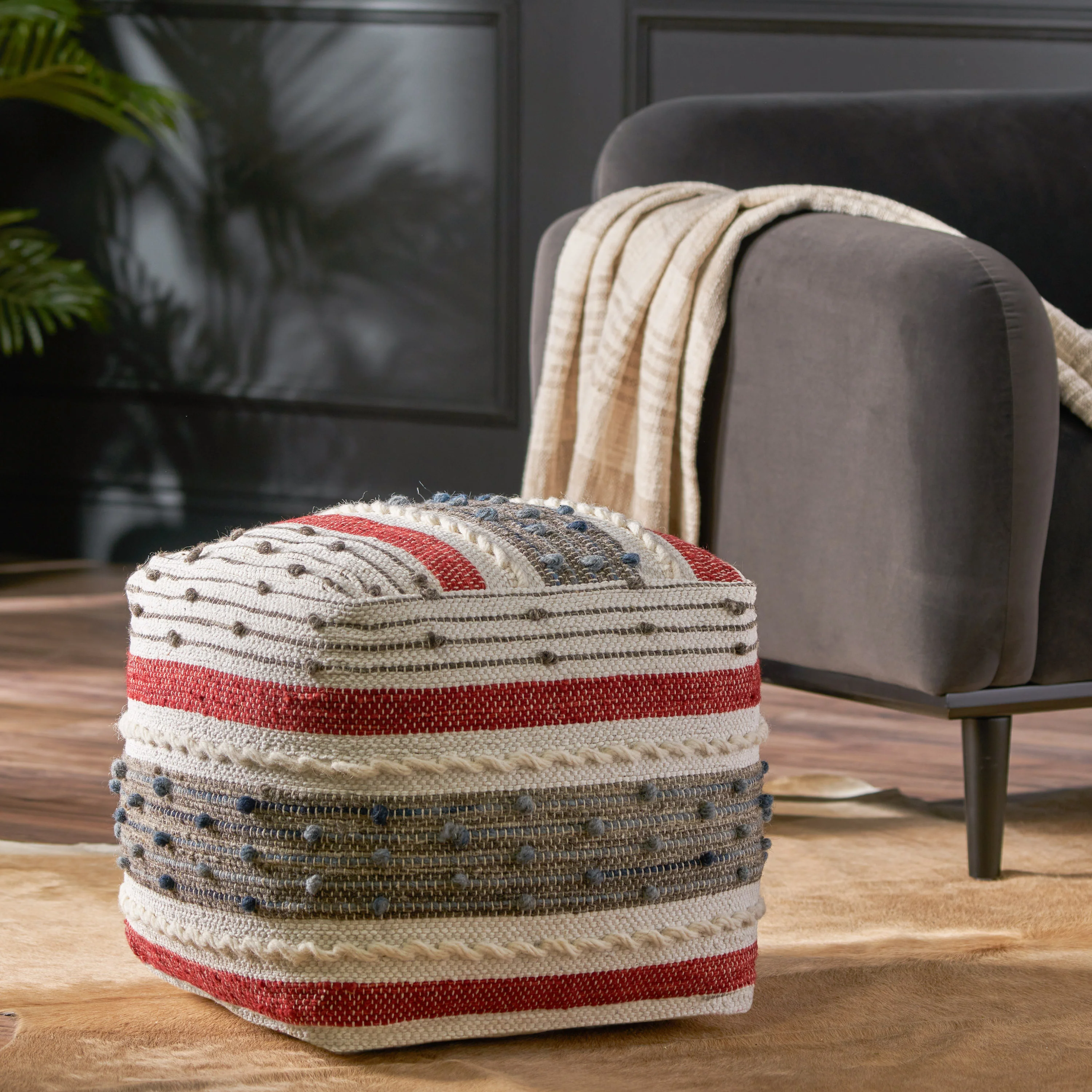 Aren Boho Wool and Cotton Ottoman Pouf - furnishings