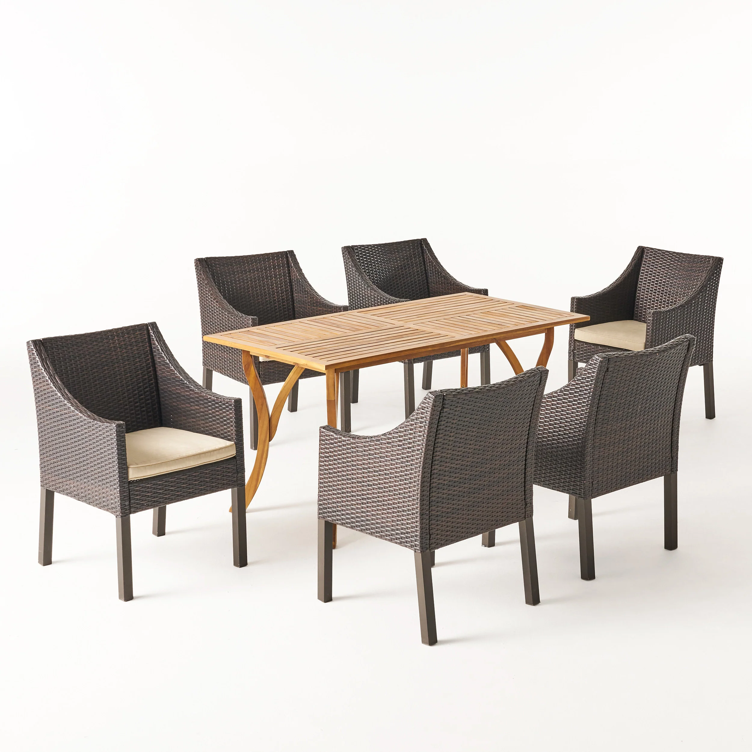 Abel Outdoor 7 Piece Acacia Wood/ Wicker Dining Set with Cushions, Teak Finish and Multibrown with Beige - furnishings