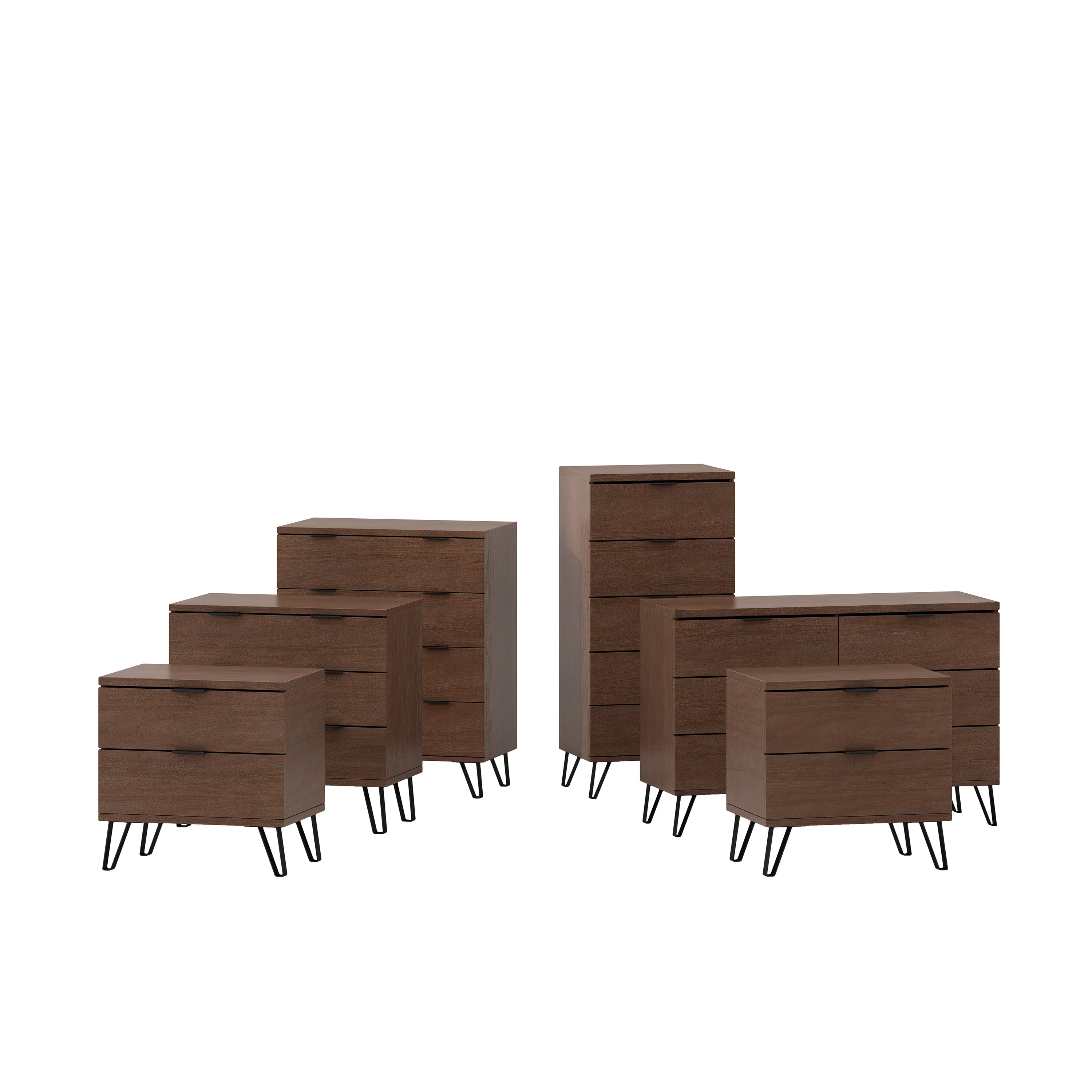 Demijen Modern Industrial 6 Piece Bedroom Set with 5 Drawer Dresser, Walnut and Matte Black - furnishings