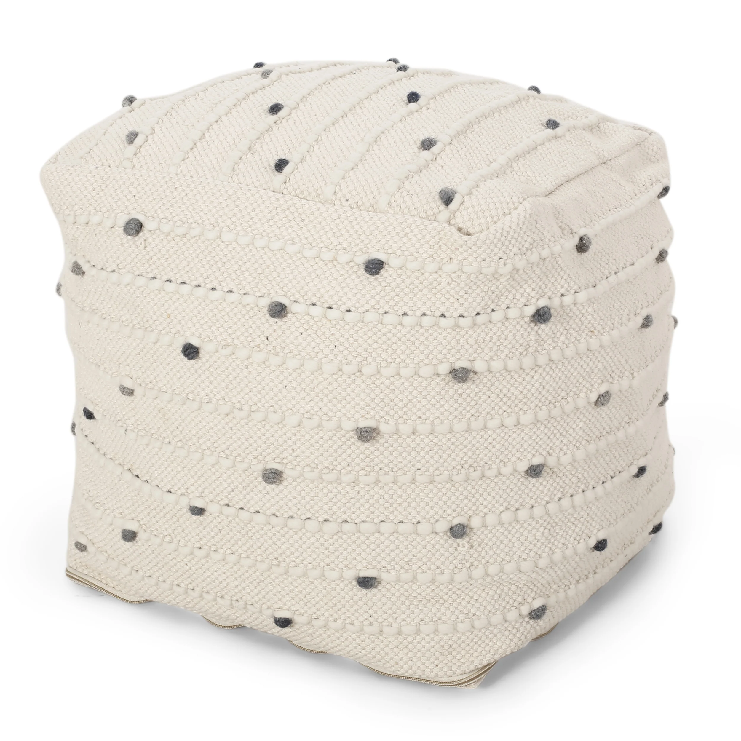 Swint Pates Boho Handcrafted Fabric Cube Pouf, Ivory and Blue - furnishings