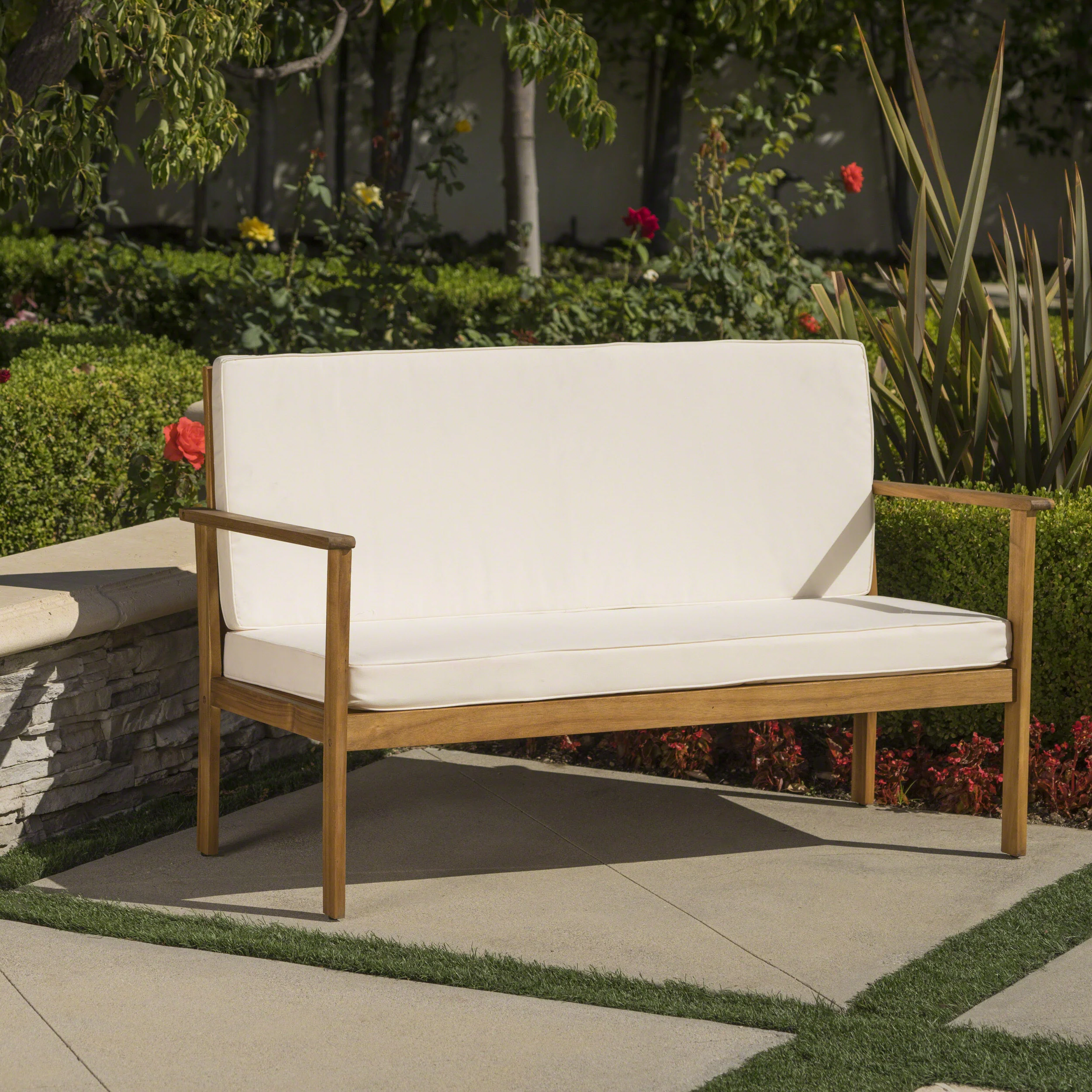 Luna Outdoor Finished Acacia Wood Bench with Water Resistant Fabric Cushion - furnishings