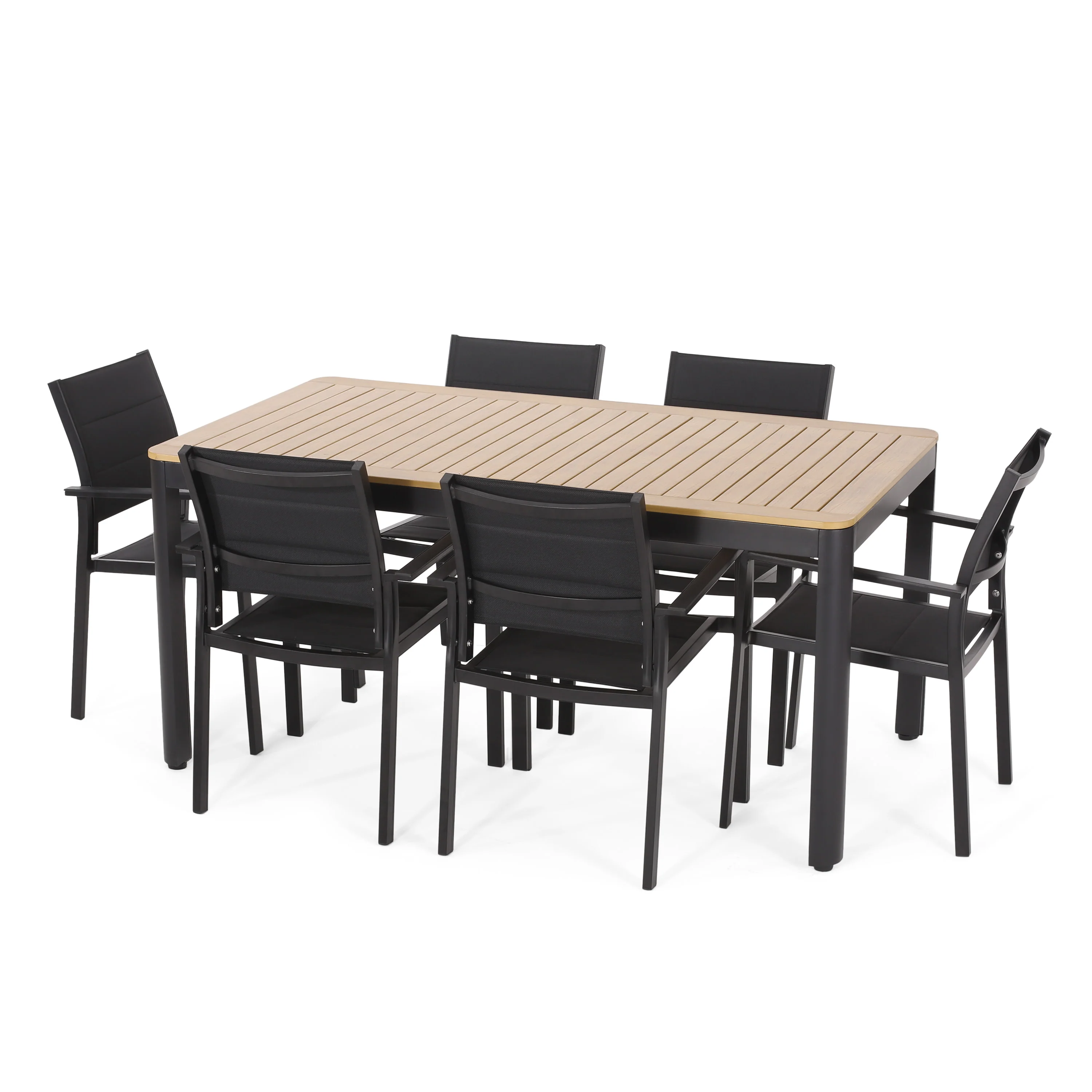 Starla Outdoor Mesh and Aluminum 7 Piece Dining Set, Black and Natural - furnishings